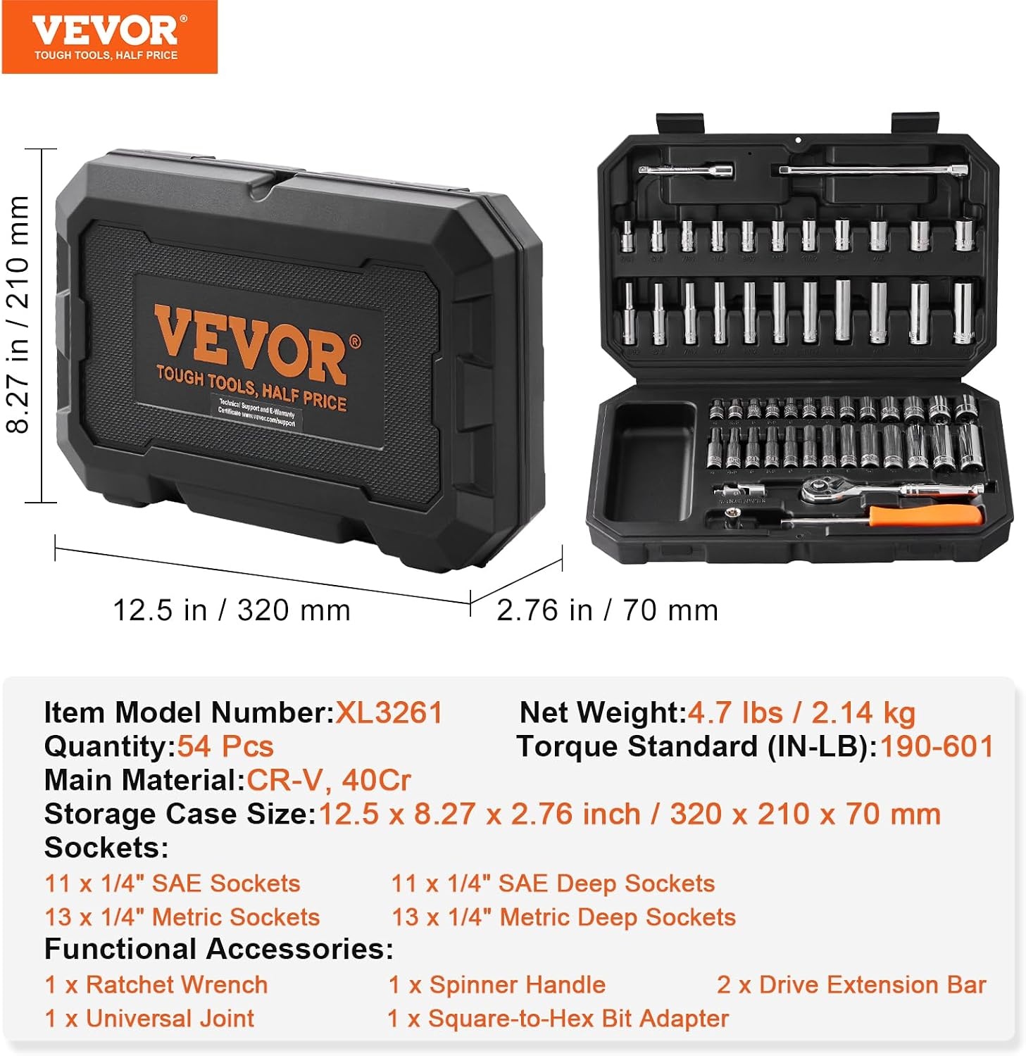 image:imageVEVOR Socket Set 76 Pieces 38 inch Drive Socket and Ratchet Set SAE and Metric Deep and Shallow Mechanic Tool Kit with Accessories and Storage Case CRV Alloy Steel for Automotive Repair14