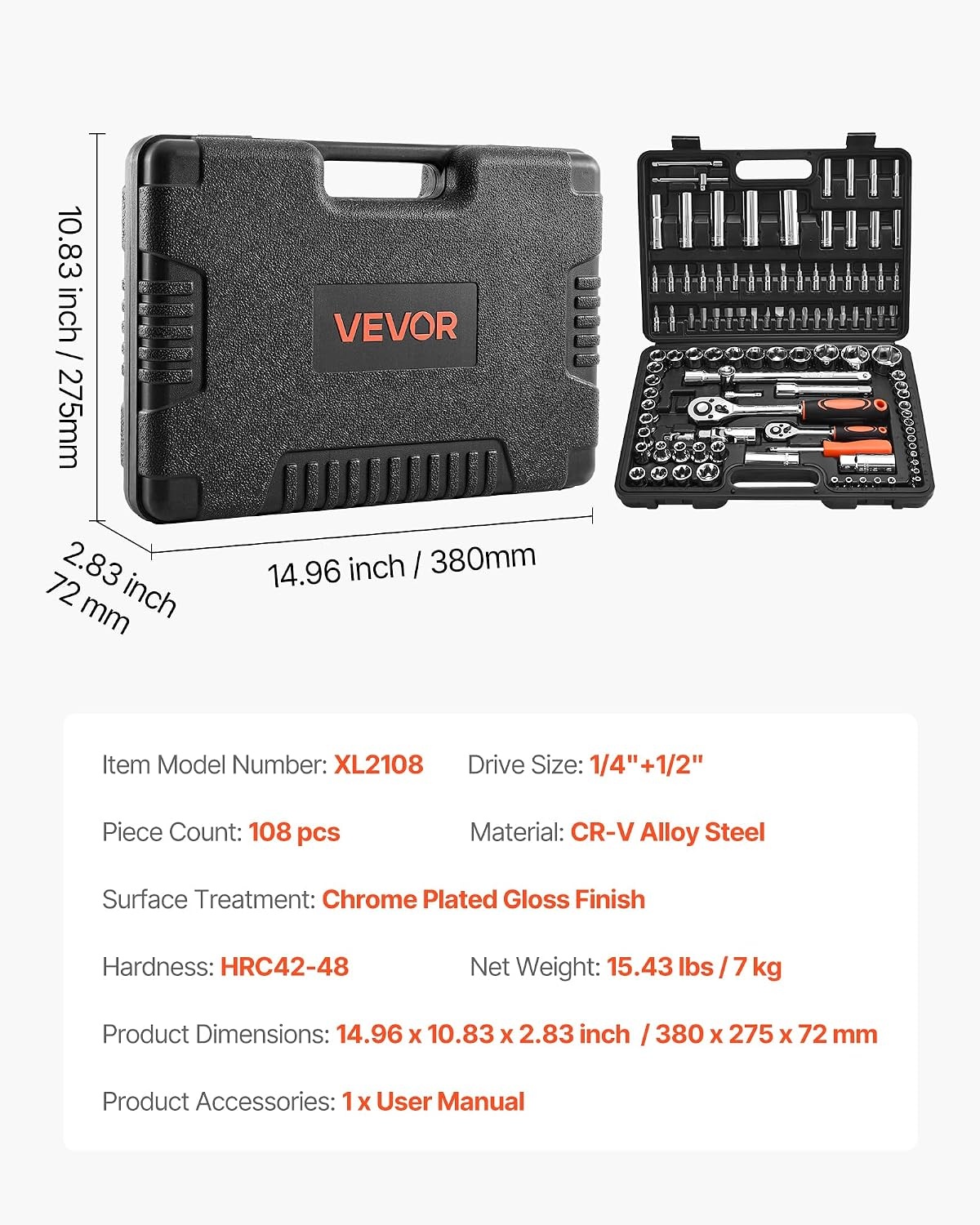 image:imageVEVOR Socket Set 76 Pieces 38 inch Drive Socket and Ratchet Set SAE and Metric Deep and Shallow Mechanic Tool Kit with Accessories and Storage Case CRV Alloy Steel for Automotive Repair1412