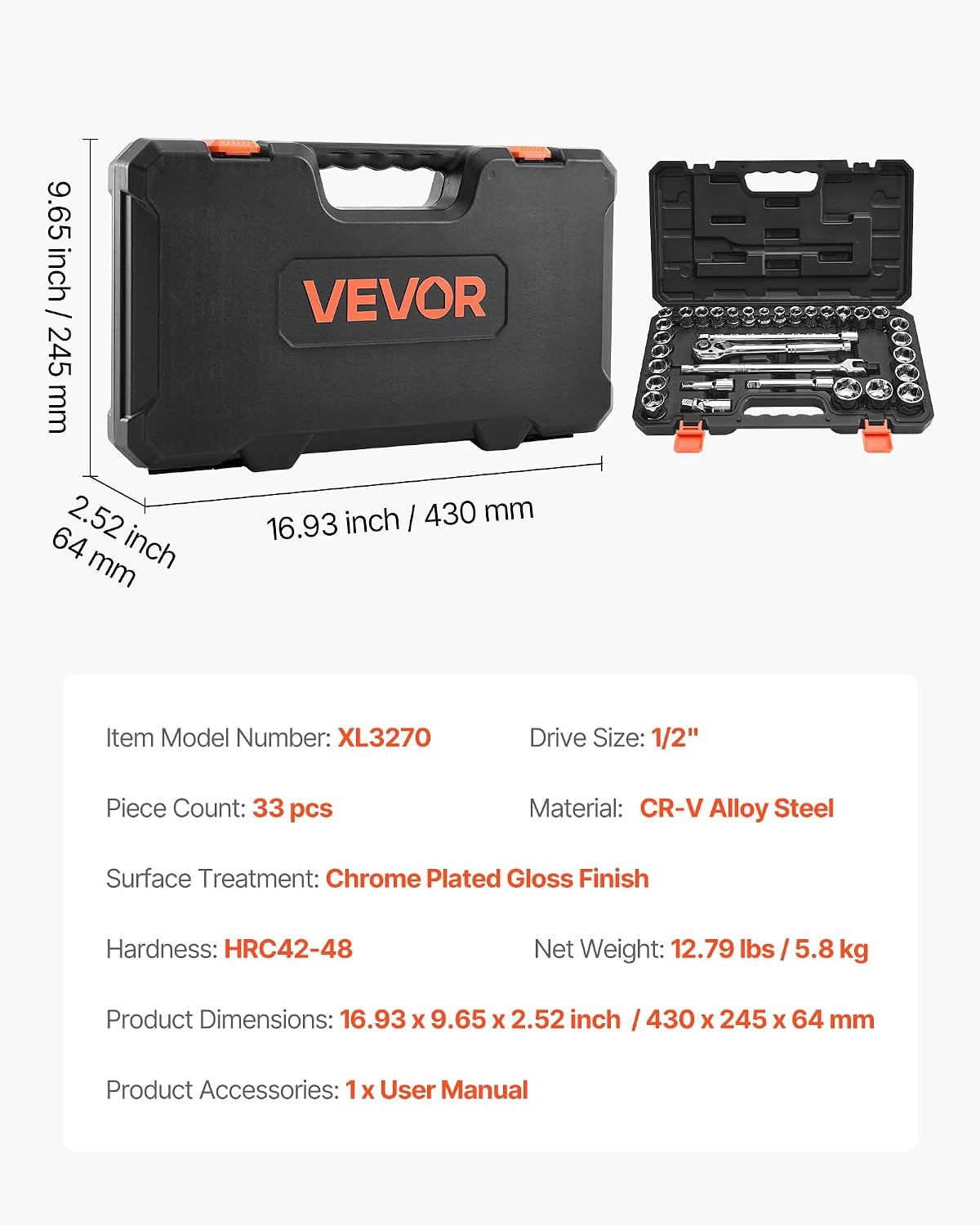image:imageVEVOR Socket Set 76 Pieces 38 inch Drive Socket and Ratchet Set SAE and Metric Deep and Shallow Mechanic Tool Kit with Accessories and Storage Case CRV Alloy Steel for Automotive Repair12