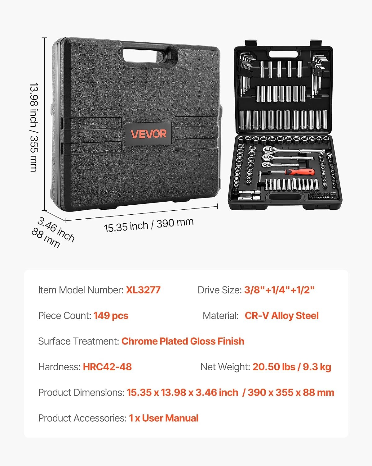image:imageVEVOR Socket Set 76 Pieces 38 inch Drive Socket and Ratchet Set SAE and Metric Deep and Shallow Mechanic Tool Kit with Accessories and Storage Case CRV Alloy Steel for Automotive Repair143812