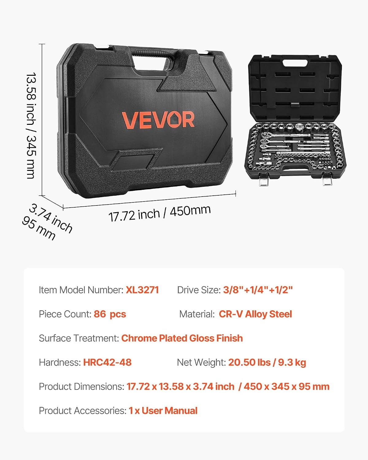 image:imageVEVOR Socket Set 76 Pieces 38 inch Drive Socket and Ratchet Set SAE and Metric Deep and Shallow Mechanic Tool Kit with Accessories and Storage Case CRV Alloy Steel for Automotive Repair143812