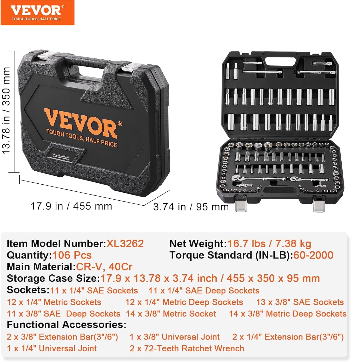 image:imageVEVOR Socket Set 76 Pieces 38 inch Drive Socket and Ratchet Set SAE and Metric Deep and Shallow Mechanic Tool Kit with Accessories and Storage Case CRV Alloy Steel for Automotive Repair1438