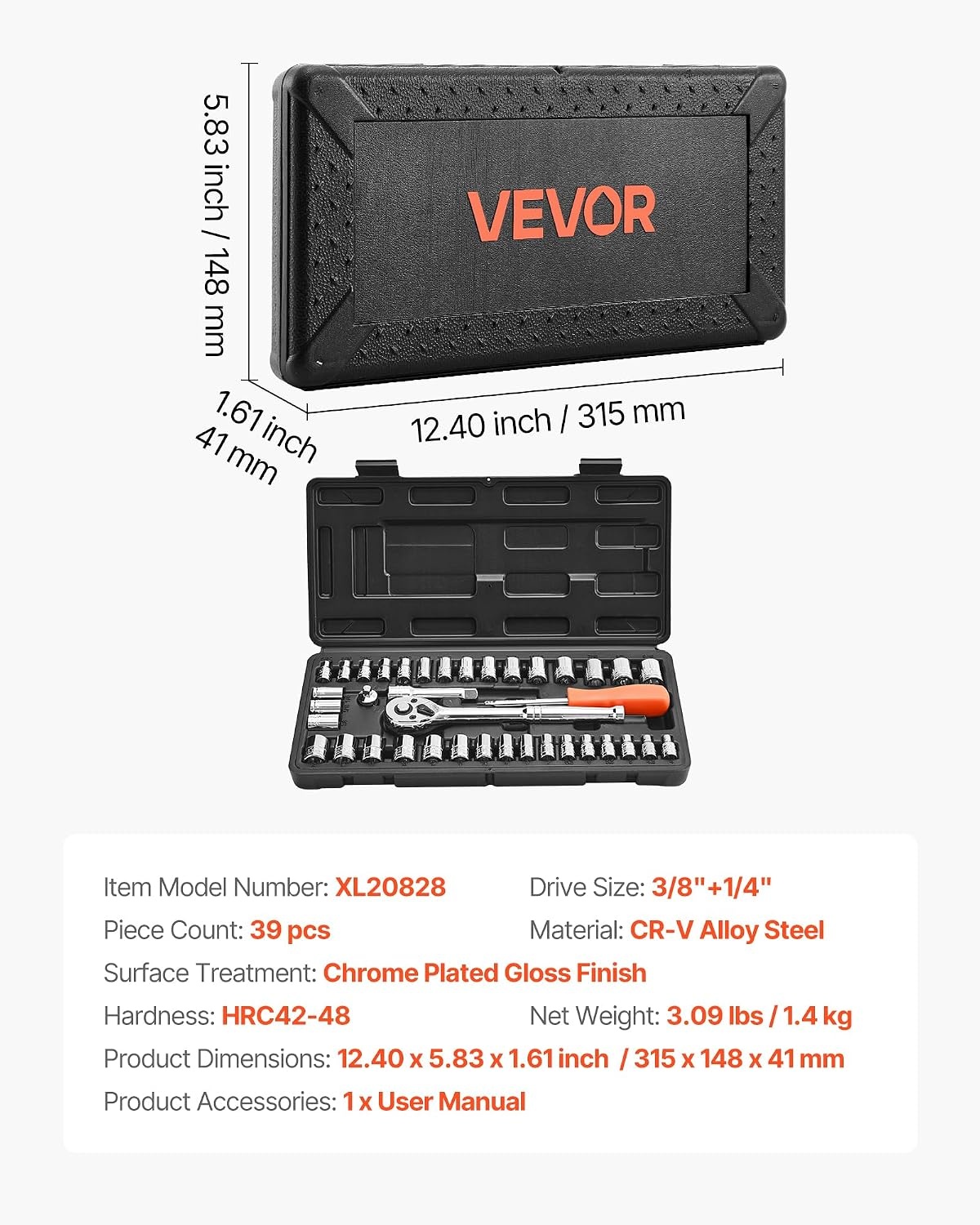 image:imageVEVOR Socket Set 76 Pieces 38 inch Drive Socket and Ratchet Set SAE and Metric Deep and Shallow Mechanic Tool Kit with Accessories and Storage Case CRV Alloy Steel for Automotive Repair1438