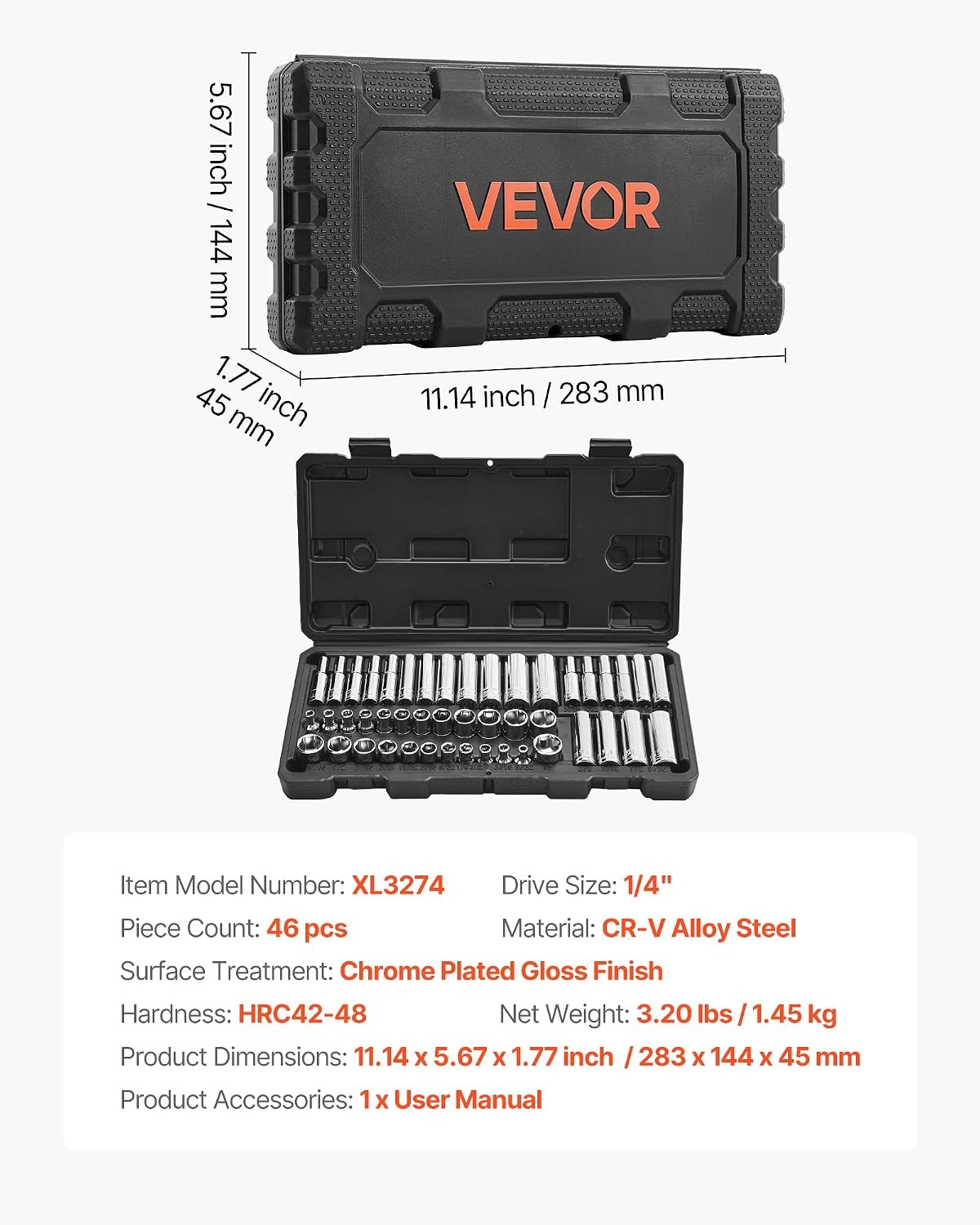 image:imageVEVOR Socket Set 76 Pieces 38 inch Drive Socket and Ratchet Set SAE and Metric Deep and Shallow Mechanic Tool Kit with Accessories and Storage Case CRV Alloy Steel for Automotive Repair14