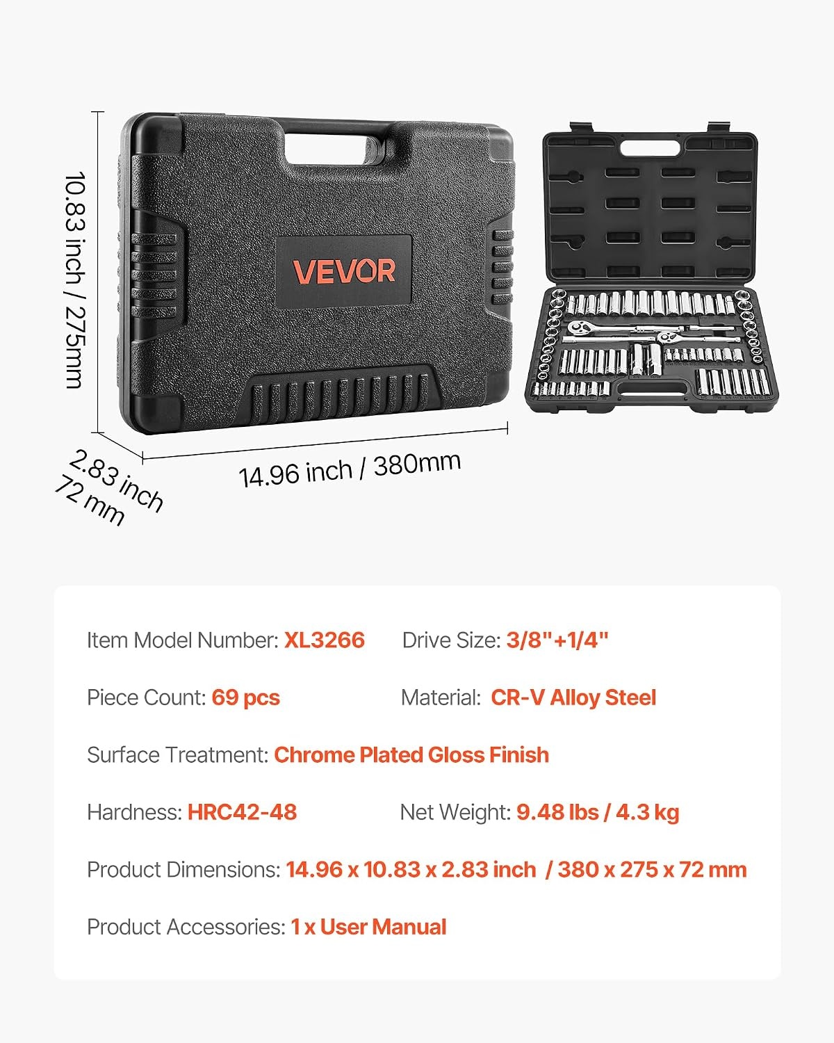 image:imageVEVOR Socket Set 76 Pieces 38 inch Drive Socket and Ratchet Set SAE and Metric Deep and Shallow Mechanic Tool Kit with Accessories and Storage Case CRV Alloy Steel for Automotive Repair1438