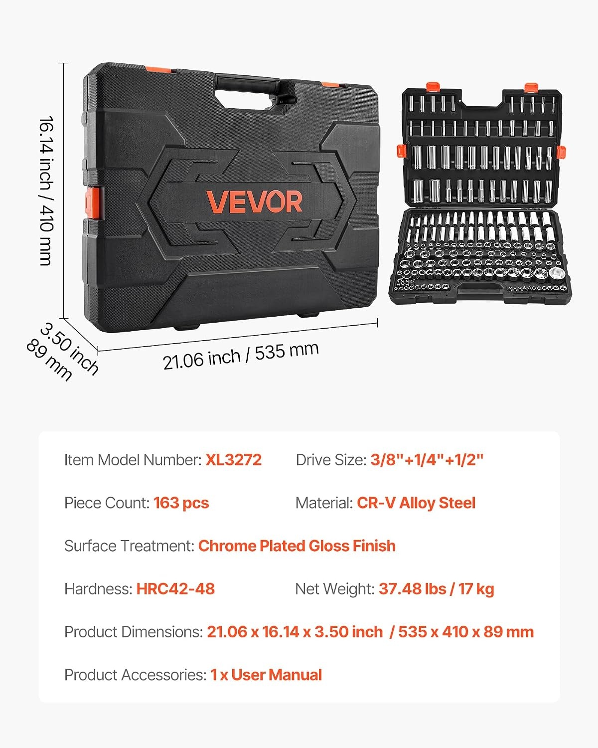 image:imageVEVOR Socket Set 76 Pieces 38 inch Drive Socket and Ratchet Set SAE and Metric Deep and Shallow Mechanic Tool Kit with Accessories and Storage Case CRV Alloy Steel for Automotive Repair143812