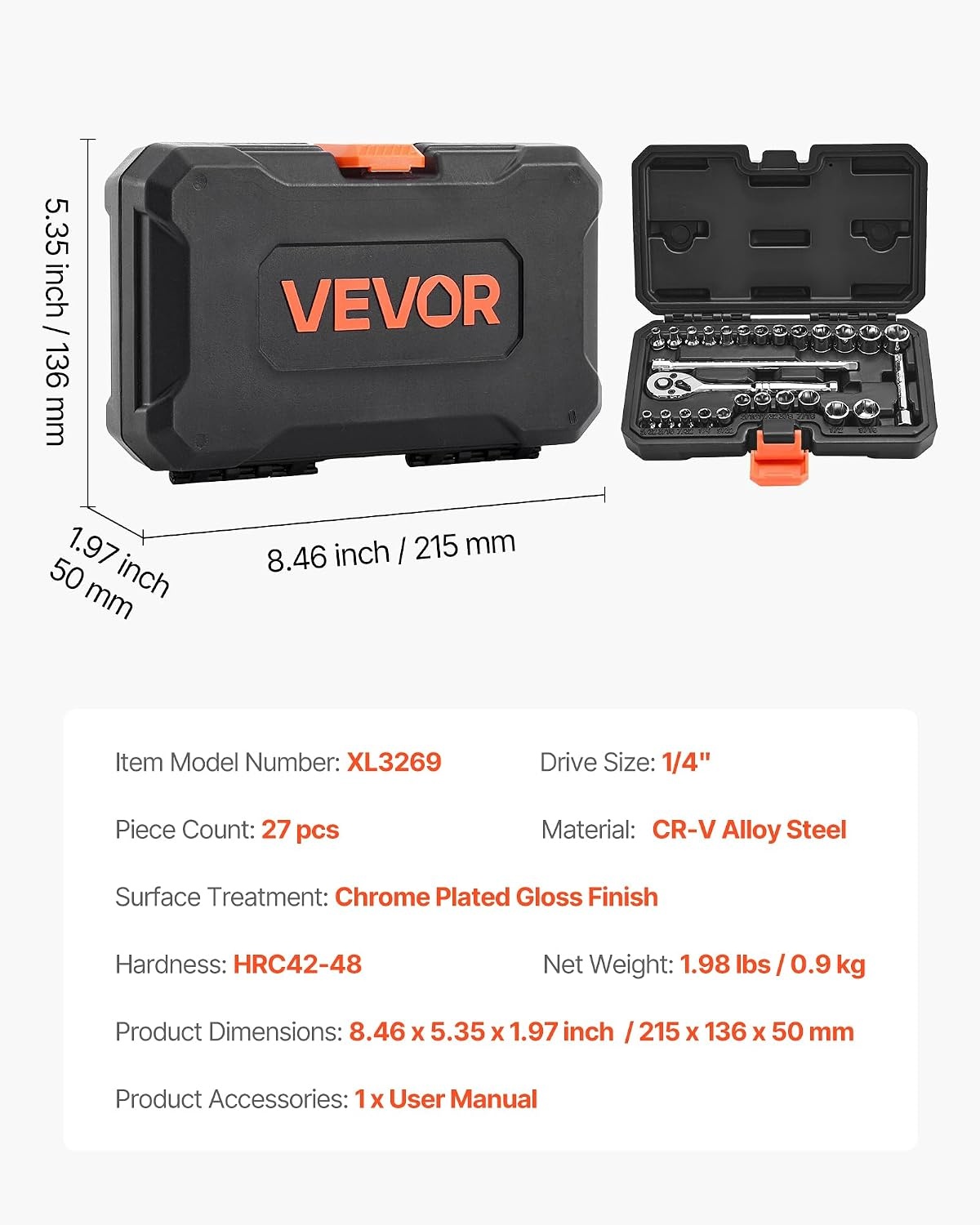 image:imageVEVOR Socket Set 76 Pieces 38 inch Drive Socket and Ratchet Set SAE and Metric Deep and Shallow Mechanic Tool Kit with Accessories and Storage Case CRV Alloy Steel for Automotive Repair14