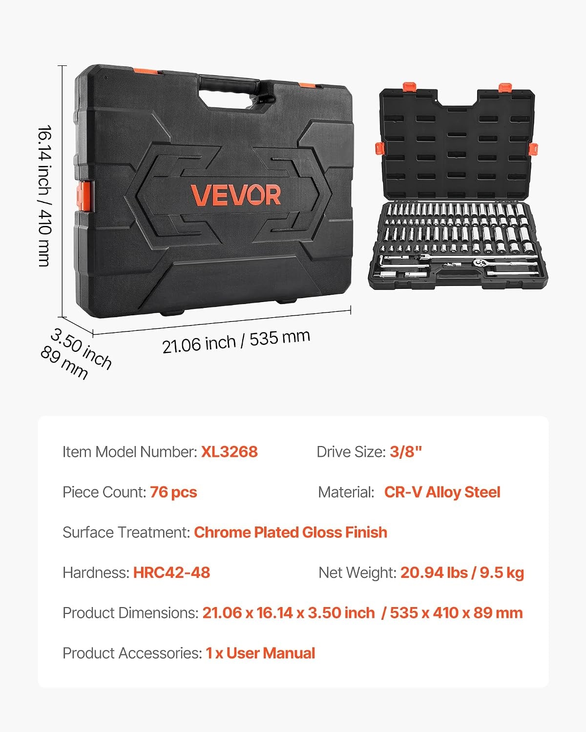 image:imageVEVOR Socket Set 76 Pieces 38 inch Drive Socket and Ratchet Set SAE and Metric Deep and Shallow Mechanic Tool Kit with Accessories and Storage Case CRV Alloy Steel for Automotive Repair38