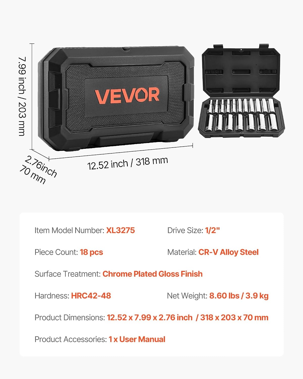 image:imageVEVOR Socket Set 76 Pieces 38 inch Drive Socket and Ratchet Set SAE and Metric Deep and Shallow Mechanic Tool Kit with Accessories and Storage Case CRV Alloy Steel for Automotive Repair12