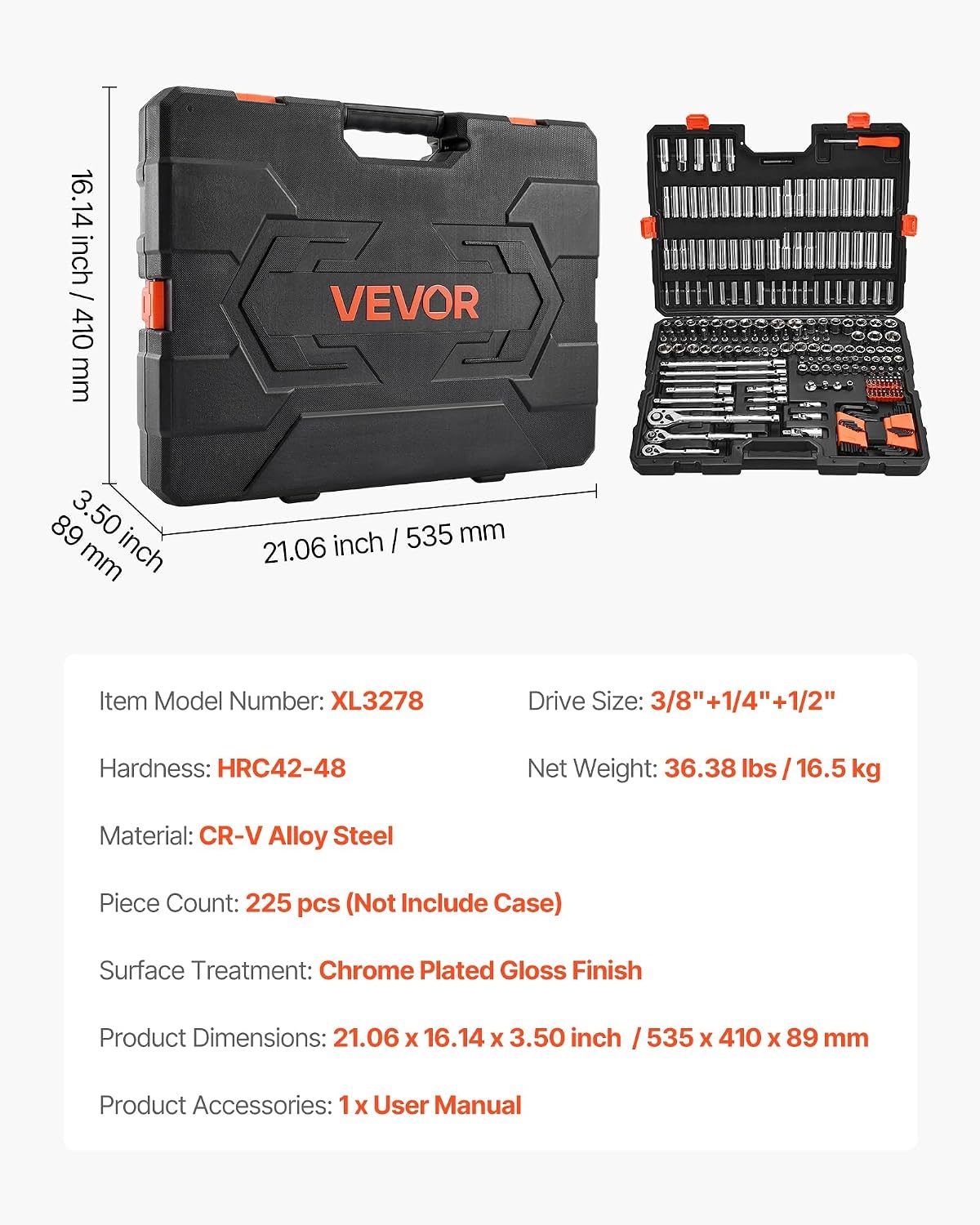 image:imageVEVOR Socket Set 76 Pieces 38 inch Drive Socket and Ratchet Set SAE and Metric Deep and Shallow Mechanic Tool Kit with Accessories and Storage Case CRV Alloy Steel for Automotive Repair143812