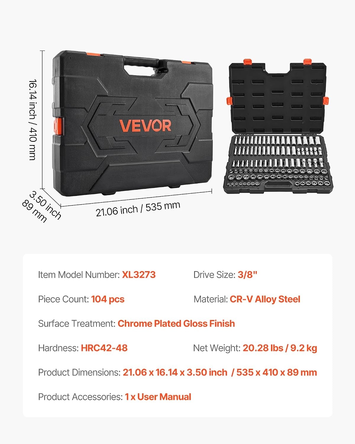 image:imageVEVOR Socket Set 76 Pieces 38 inch Drive Socket and Ratchet Set SAE and Metric Deep and Shallow Mechanic Tool Kit with Accessories and Storage Case CRV Alloy Steel for Automotive Repair38