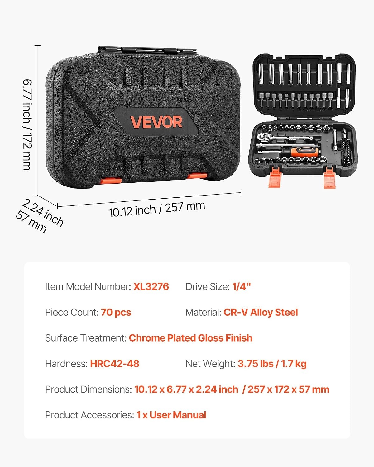 image:imageVEVOR Socket Set 76 Pieces 38 inch Drive Socket and Ratchet Set SAE and Metric Deep and Shallow Mechanic Tool Kit with Accessories and Storage Case CRV Alloy Steel for Automotive Repair14