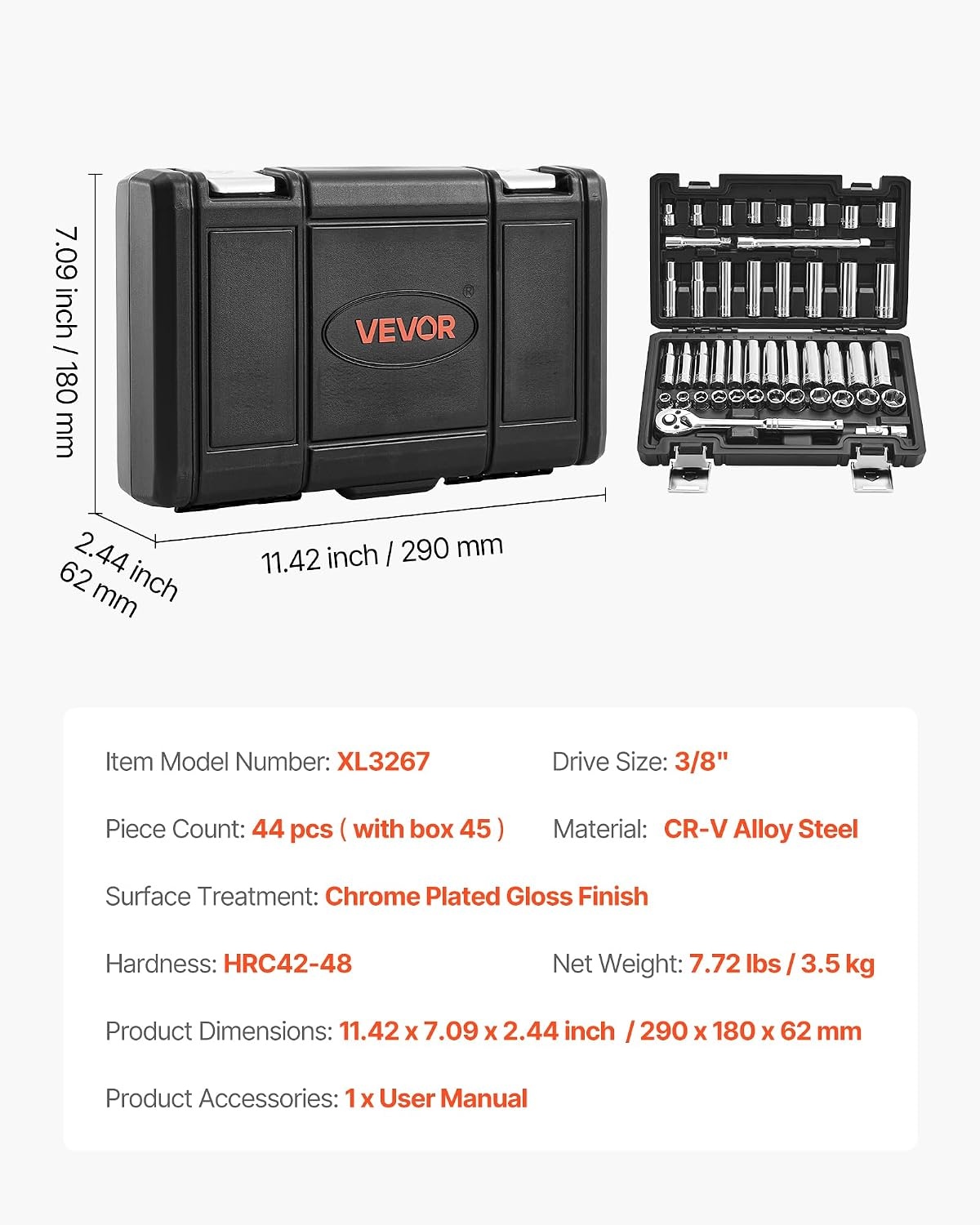 image:imageVEVOR Socket Set 76 Pieces 38 inch Drive Socket and Ratchet Set SAE and Metric Deep and Shallow Mechanic Tool Kit with Accessories and Storage Case CRV Alloy Steel for Automotive Repair38