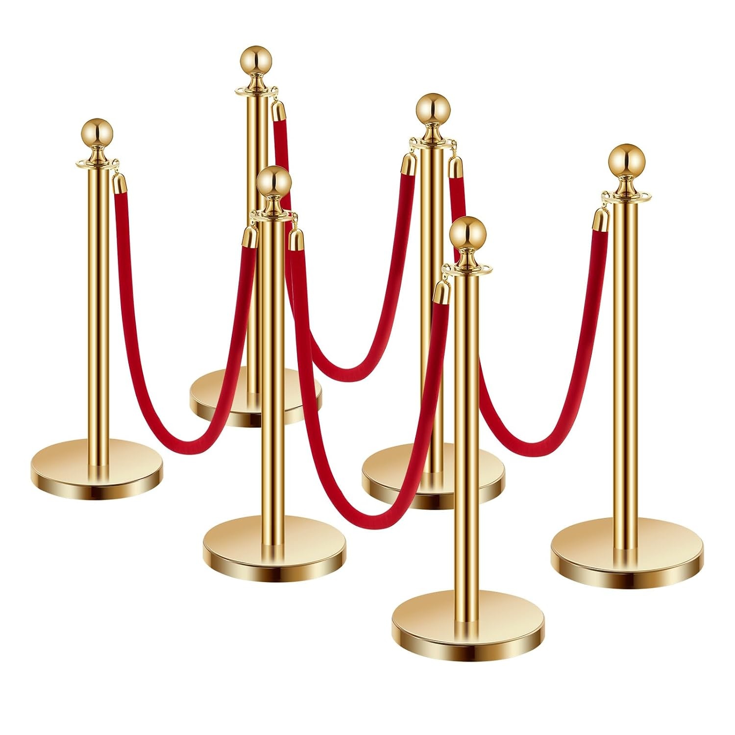 image:imageVEVOR Stanchions and Velvet Ropes 8Pcs Hollow Base with Stainless Steel Post 4 Red Velvet Ropes and Posts Crowd Control Barriers Silver Stanchions Red Carpet Runner Poles for Party SuppliesGold