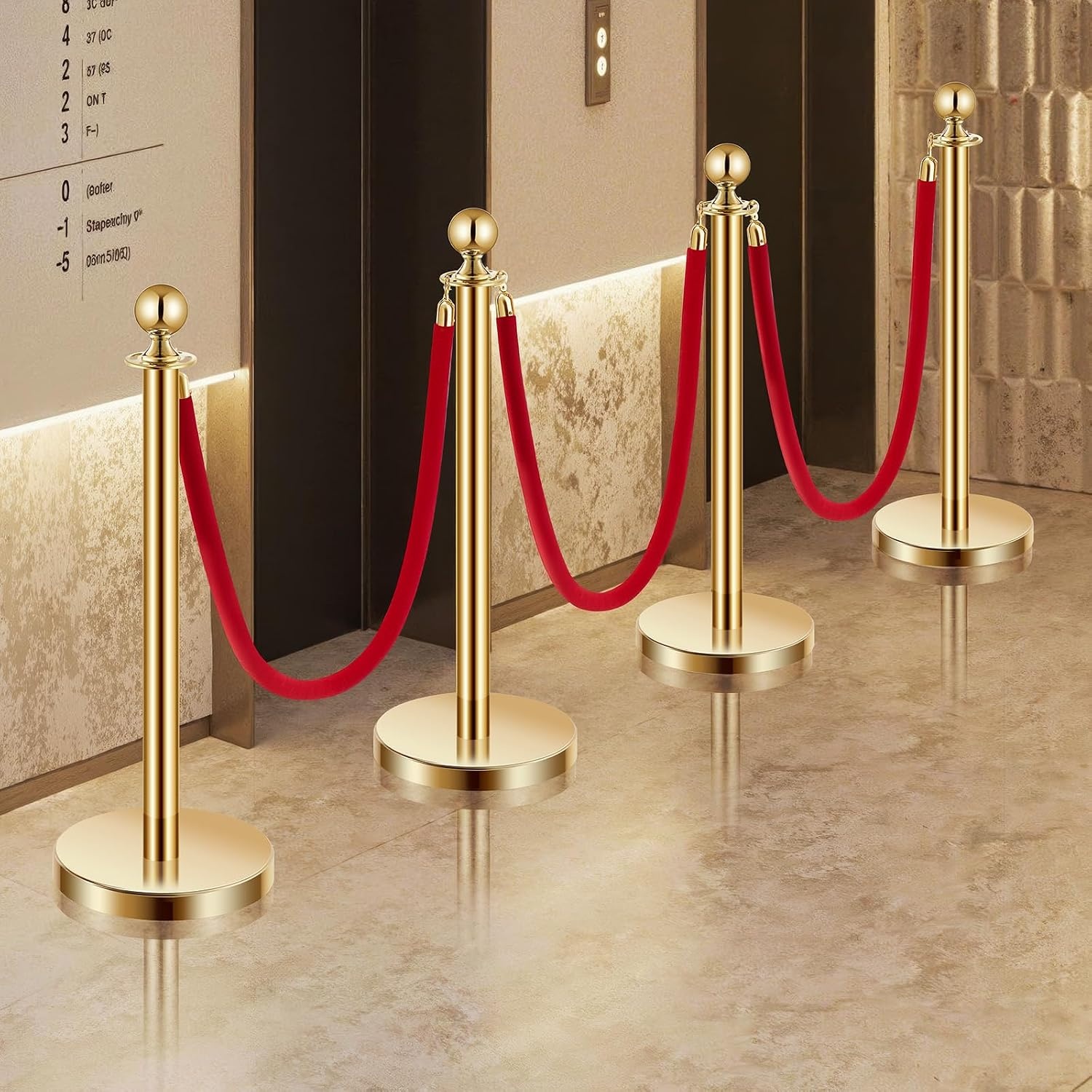 image:imageVEVOR Stanchions and Velvet Ropes 8Pcs Hollow Base with Stainless Steel Post 4 Red Velvet Ropes and Posts Crowd Control Barriers Silver Stanchions Red Carpet Runner Poles for Party SuppliesGold