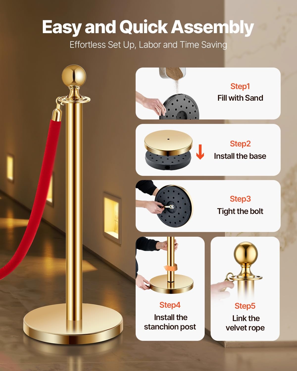 image:imageVEVOR Stanchions and Velvet Ropes 8Pcs Hollow Base with Stainless Steel Post 4 Red Velvet Ropes and Posts Crowd Control Barriers Silver Stanchions Red Carpet Runner Poles for Party SuppliesGold