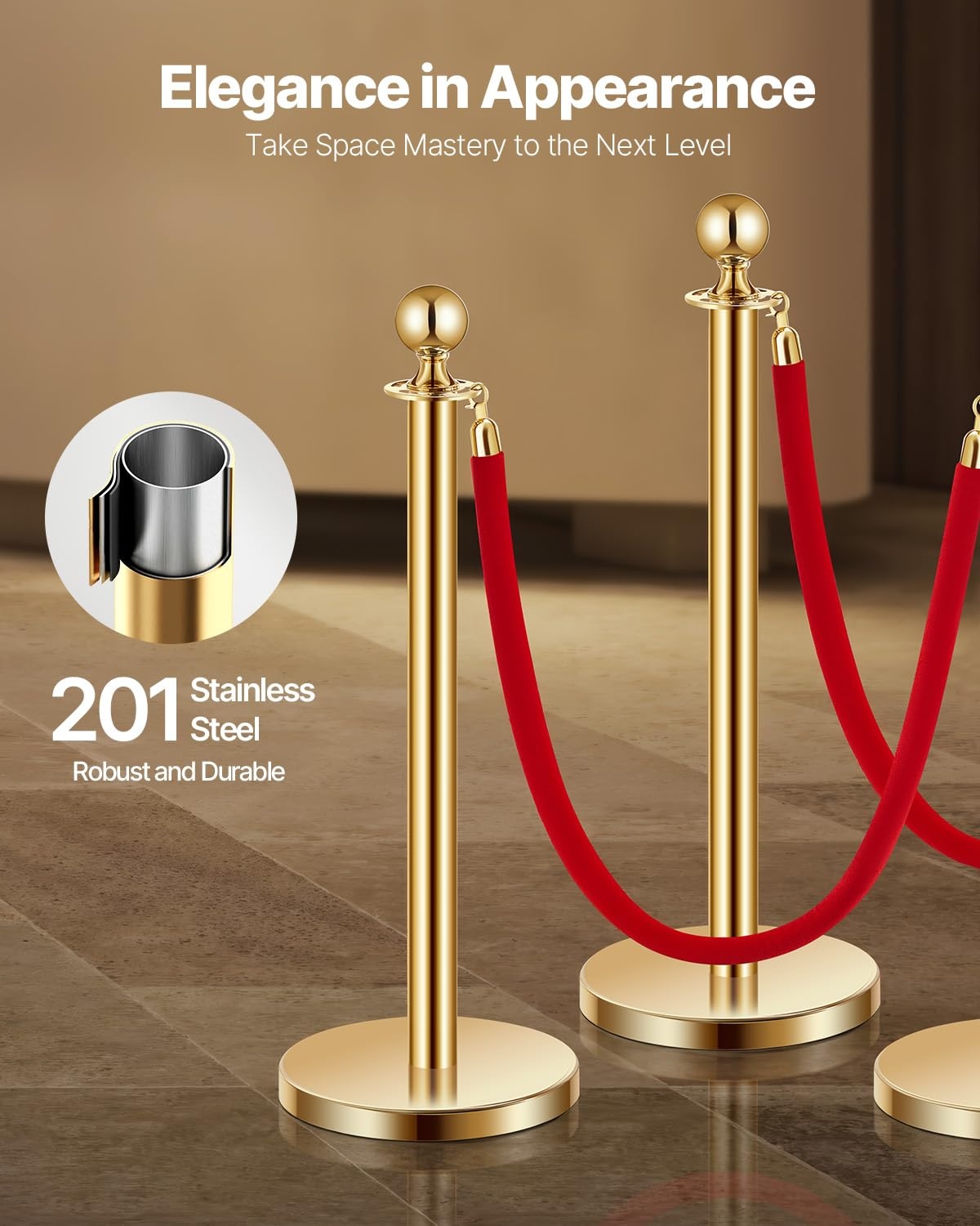 image:imageVEVOR Stanchions and Velvet Ropes 8Pcs Hollow Base with Stainless Steel Post 4 Red Velvet Ropes and Posts Crowd Control Barriers Silver Stanchions Red Carpet Runner Poles for Party SuppliesGold