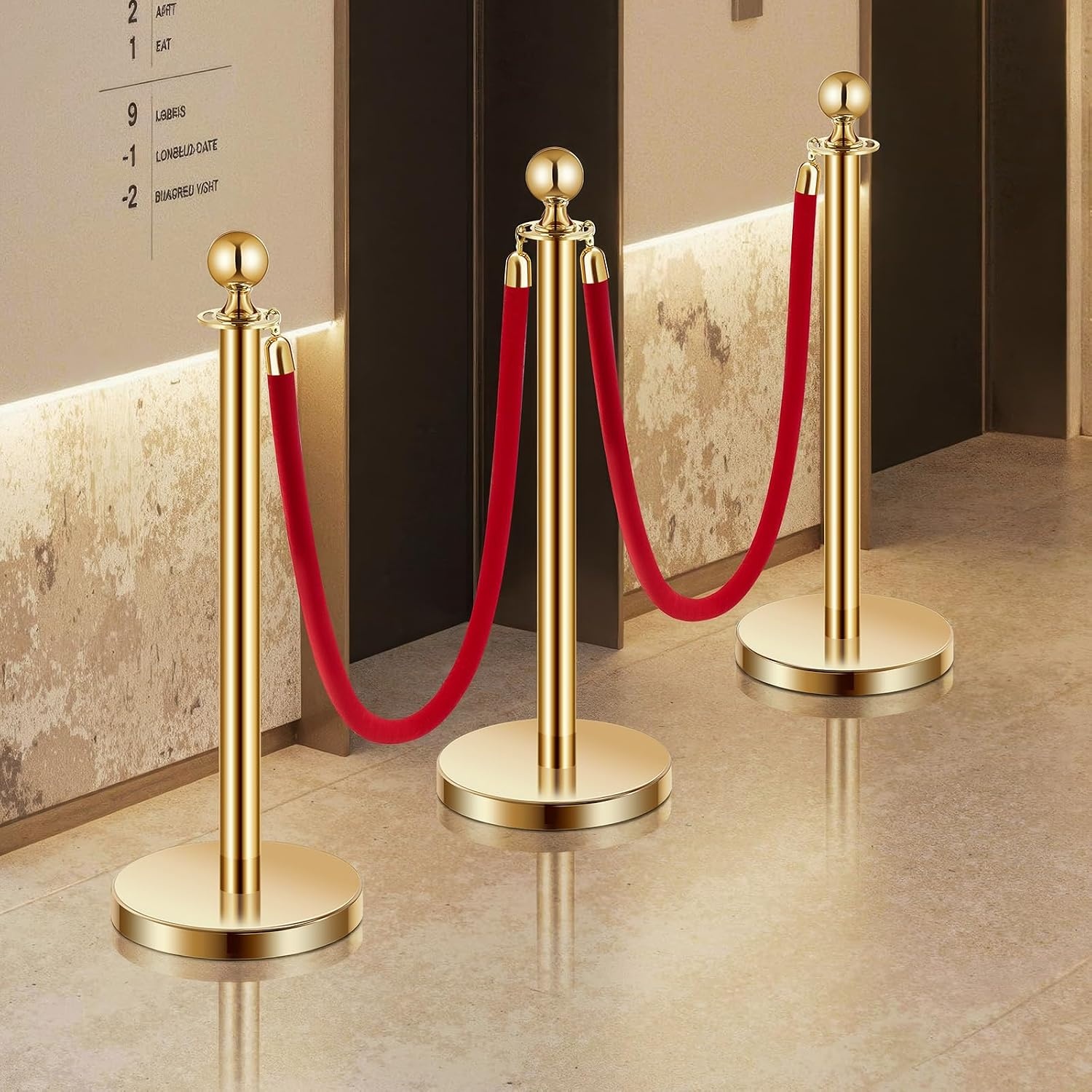 image:imageVEVOR Stanchions and Velvet Ropes 8Pcs Hollow Base with Stainless Steel Post 4 Red Velvet Ropes and Posts Crowd Control Barriers Silver Stanchions Red Carpet Runner Poles for Party SuppliesGold