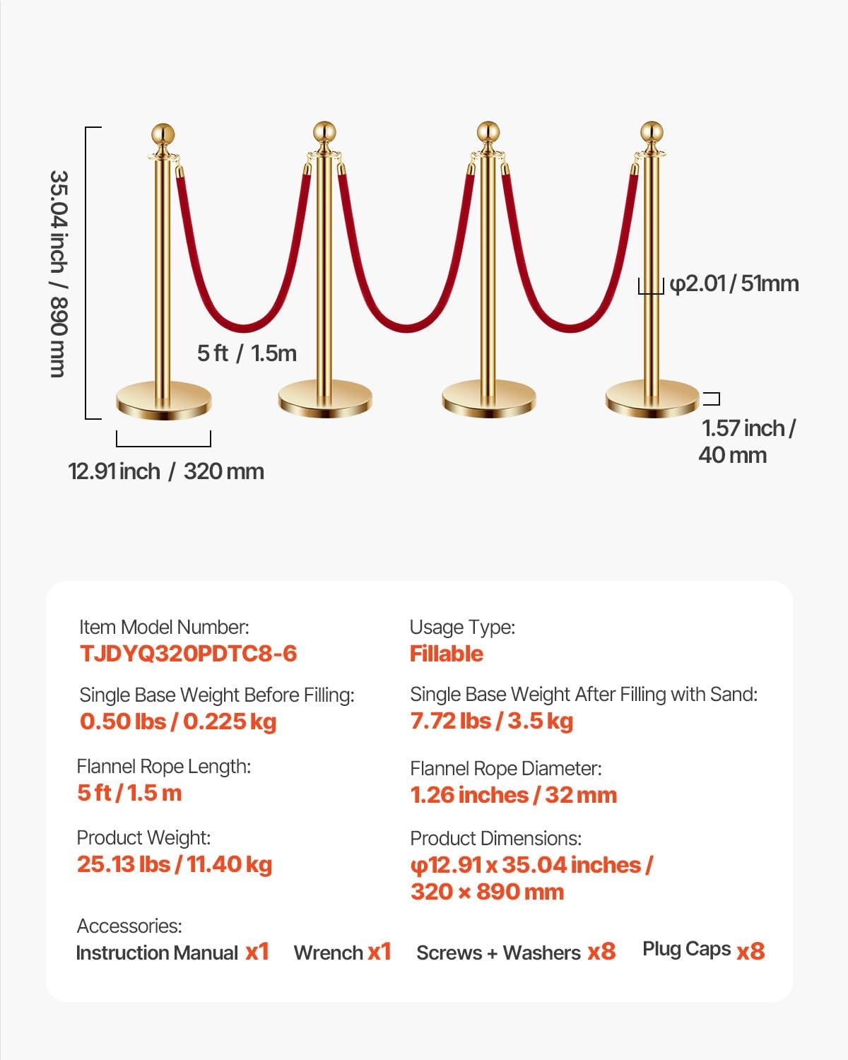 image:imageVEVOR Stanchions and Velvet Ropes 8Pcs Hollow Base with Stainless Steel Post 4 Red Velvet Ropes and Posts Crowd Control Barriers Silver Stanchions Red Carpet Runner Poles for Party SuppliesGold