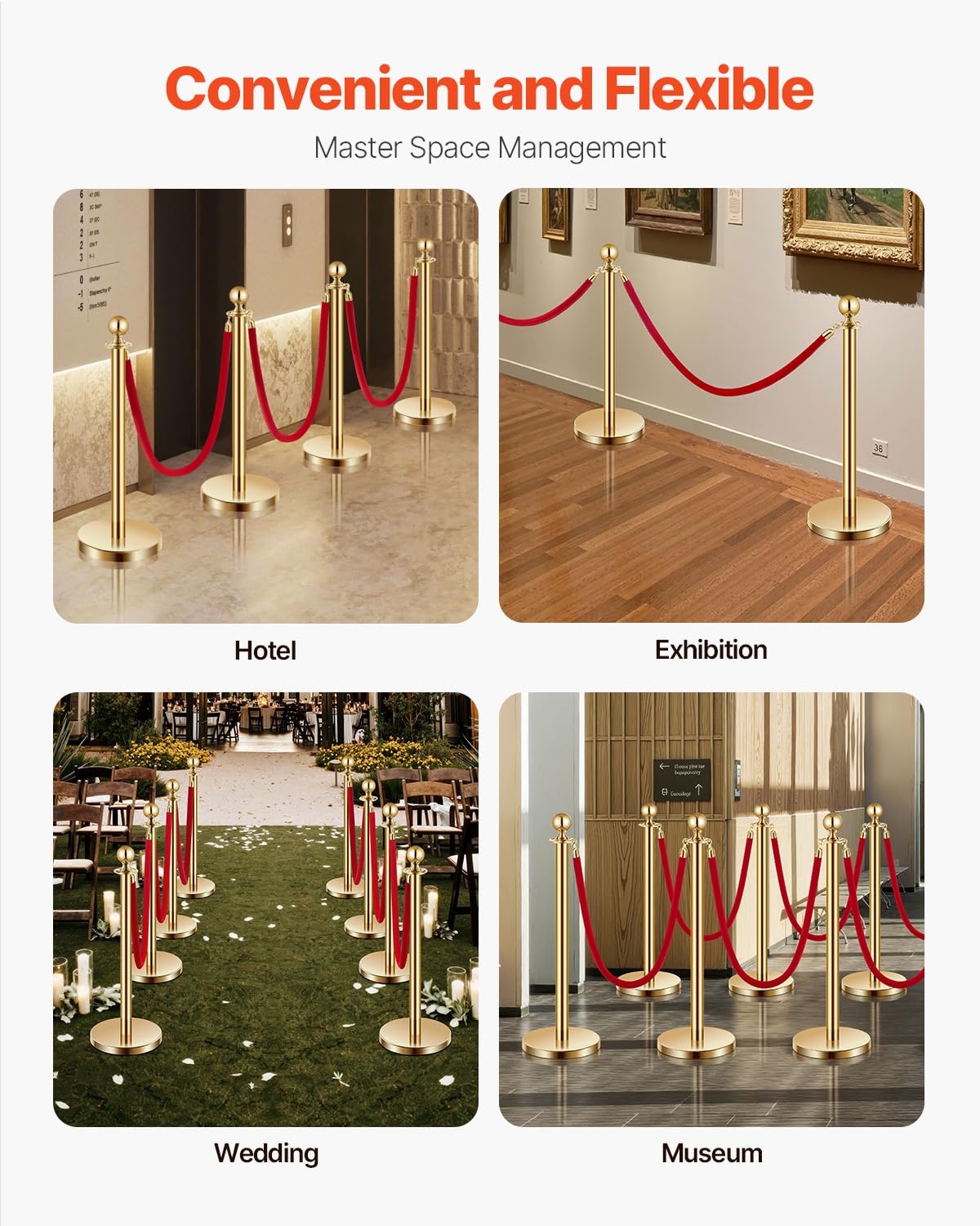 image:imageVEVOR Stanchions and Velvet Ropes 8Pcs Hollow Base with Stainless Steel Post 4 Red Velvet Ropes and Posts Crowd Control Barriers Silver Stanchions Red Carpet Runner Poles for Party SuppliesGold