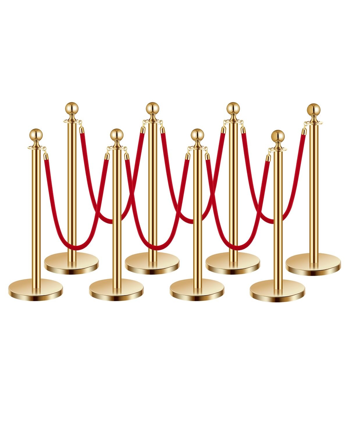 image:imageVEVOR Stanchions and Velvet Ropes 8Pcs Hollow Base with Stainless Steel Post 4 Red Velvet Ropes and Posts Crowd Control Barriers Silver Stanchions Red Carpet Runner Poles for Party SuppliesGold