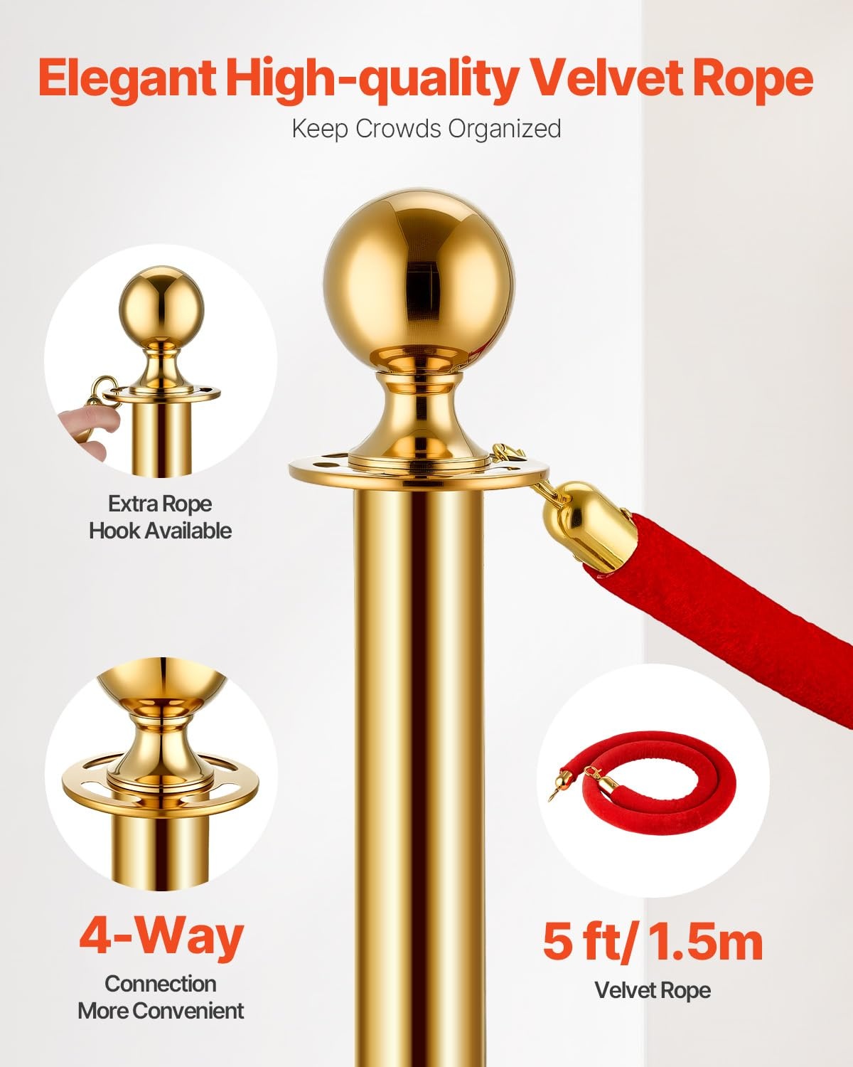 image:imageVEVOR Stanchions and Velvet Ropes 8Pcs Hollow Base with Stainless Steel Post 4 Red Velvet Ropes and Posts Crowd Control Barriers Silver Stanchions Red Carpet Runner Poles for Party SuppliesGold