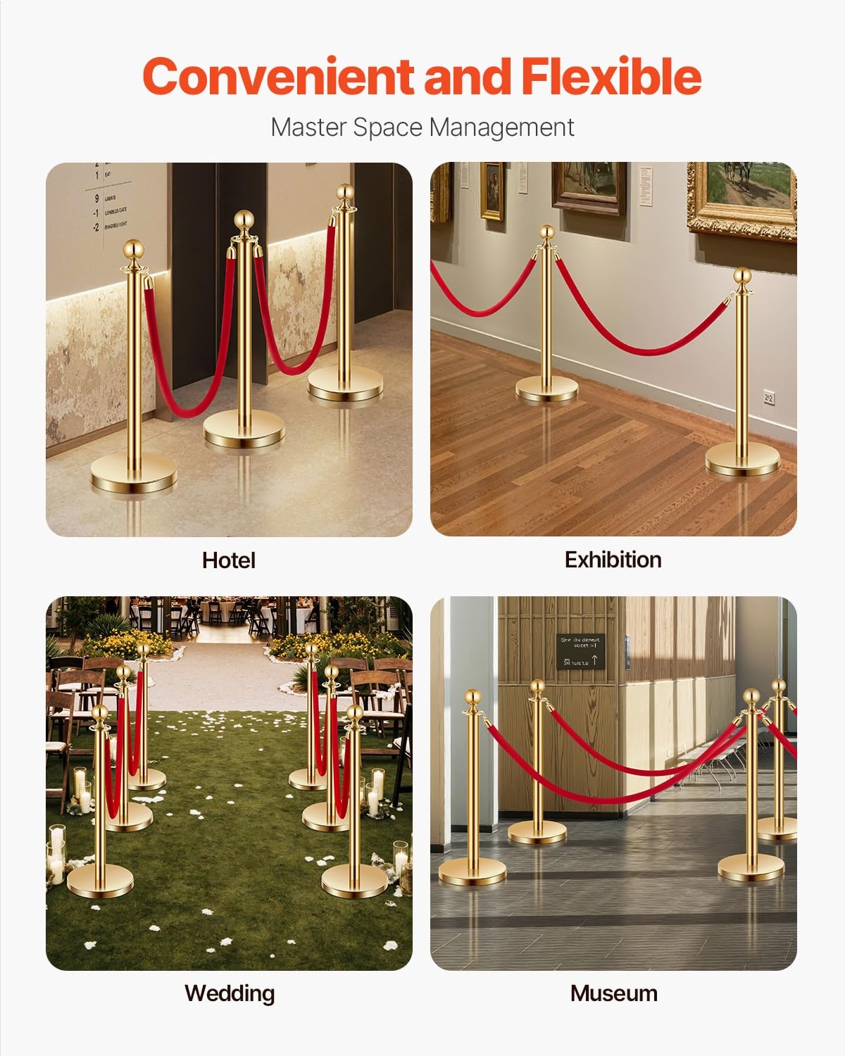 image:imageVEVOR Stanchions and Velvet Ropes 8Pcs Hollow Base with Stainless Steel Post 4 Red Velvet Ropes and Posts Crowd Control Barriers Silver Stanchions Red Carpet Runner Poles for Party SuppliesGold