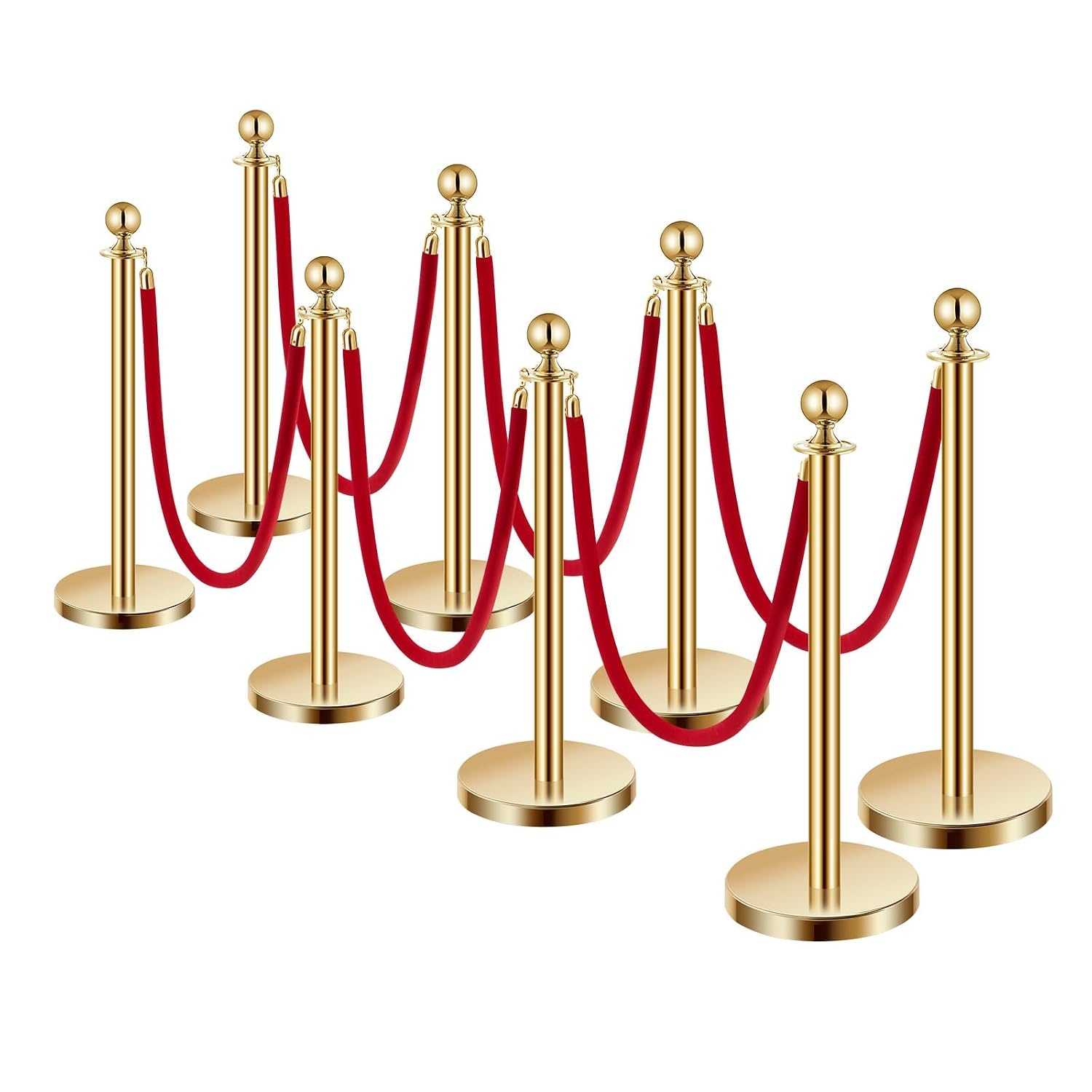 image:imageVEVOR Stanchions and Velvet Ropes 8Pcs Hollow Base with Stainless Steel Post 4 Red Velvet Ropes and Posts Crowd Control Barriers Silver Stanchions Red Carpet Runner Poles for Party SuppliesGold