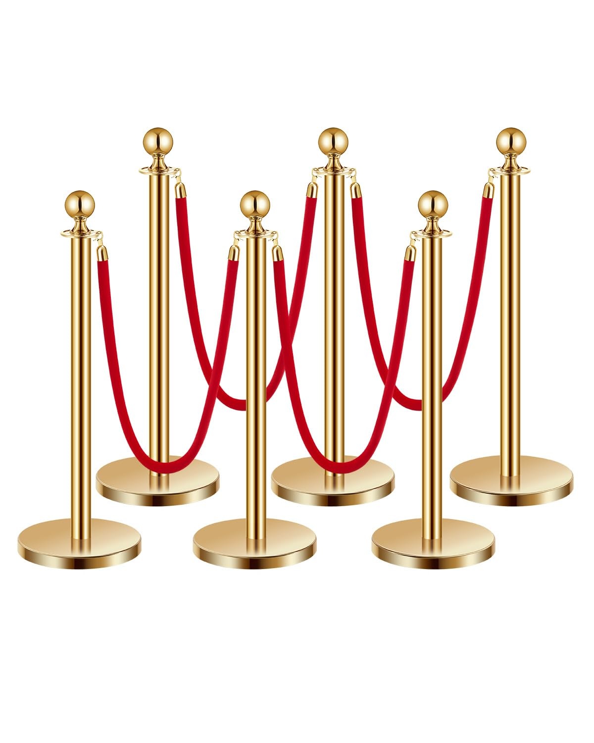 image:imageVEVOR Stanchions and Velvet Ropes 8Pcs Hollow Base with Stainless Steel Post 4 Red Velvet Ropes and Posts Crowd Control Barriers Silver Stanchions Red Carpet Runner Poles for Party SuppliesGold