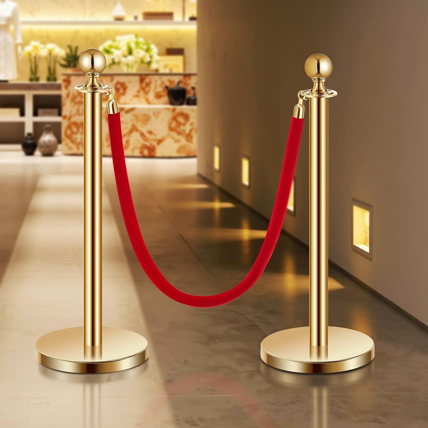 image:imageVEVOR Stanchions and Velvet Ropes 8Pcs Hollow Base with Stainless Steel Post 4 Red Velvet Ropes and Posts Crowd Control Barriers Silver Stanchions Red Carpet Runner Poles for Party SuppliesGold