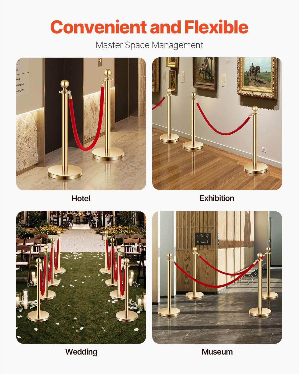 image:imageVEVOR Stanchions and Velvet Ropes 8Pcs Hollow Base with Stainless Steel Post 4 Red Velvet Ropes and Posts Crowd Control Barriers Silver Stanchions Red Carpet Runner Poles for Party SuppliesGold