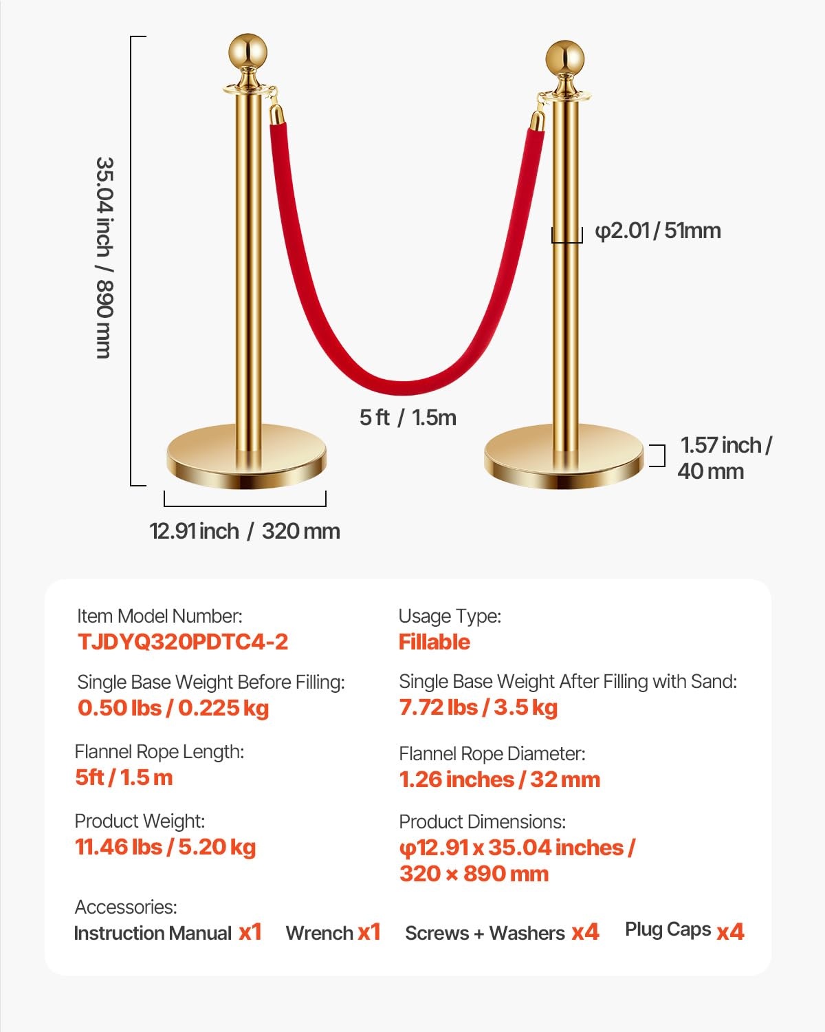 image:imageVEVOR Stanchions and Velvet Ropes 8Pcs Hollow Base with Stainless Steel Post 4 Red Velvet Ropes and Posts Crowd Control Barriers Silver Stanchions Red Carpet Runner Poles for Party SuppliesGold