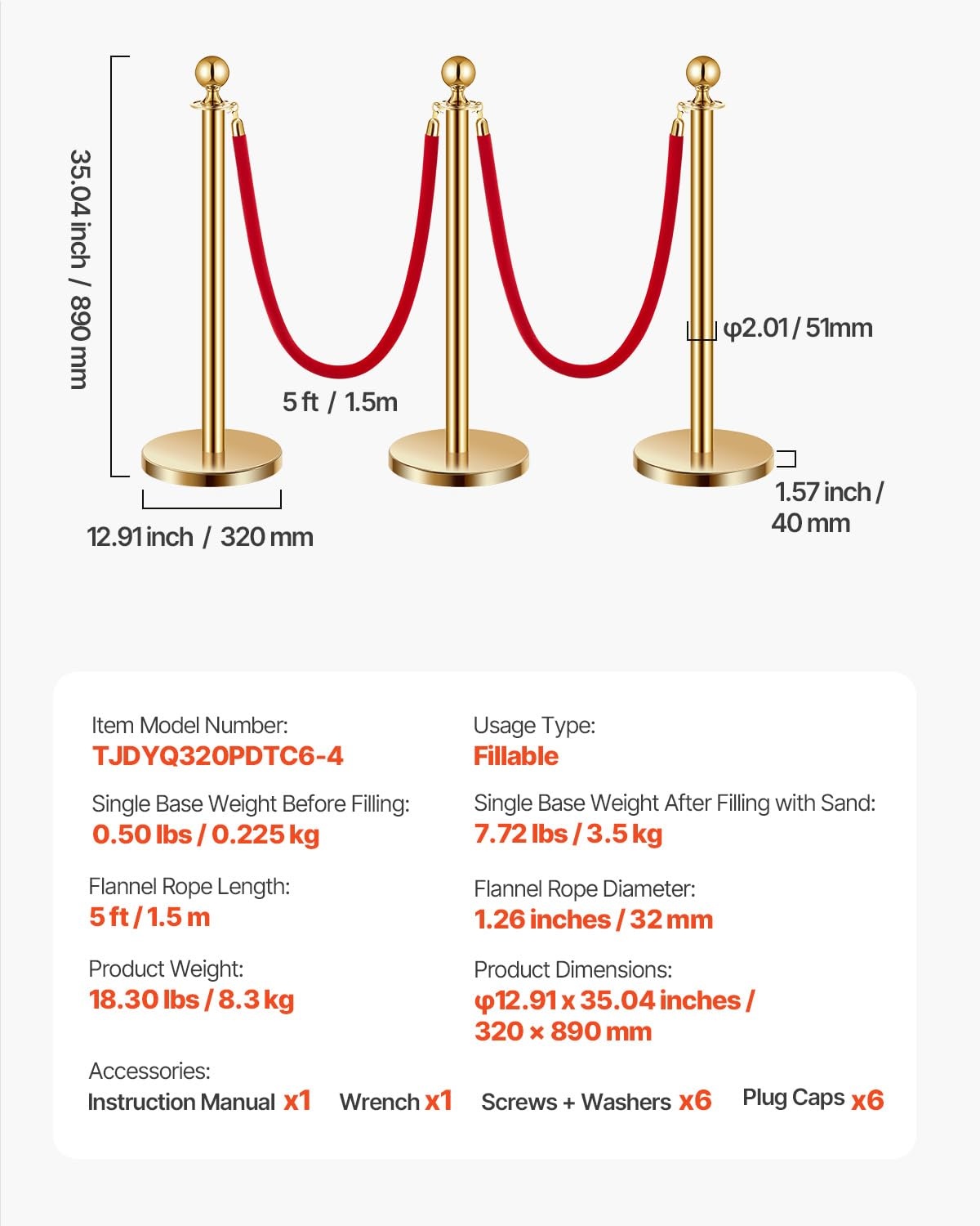 image:imageVEVOR Stanchions and Velvet Ropes 8Pcs Hollow Base with Stainless Steel Post 4 Red Velvet Ropes and Posts Crowd Control Barriers Silver Stanchions Red Carpet Runner Poles for Party SuppliesGold