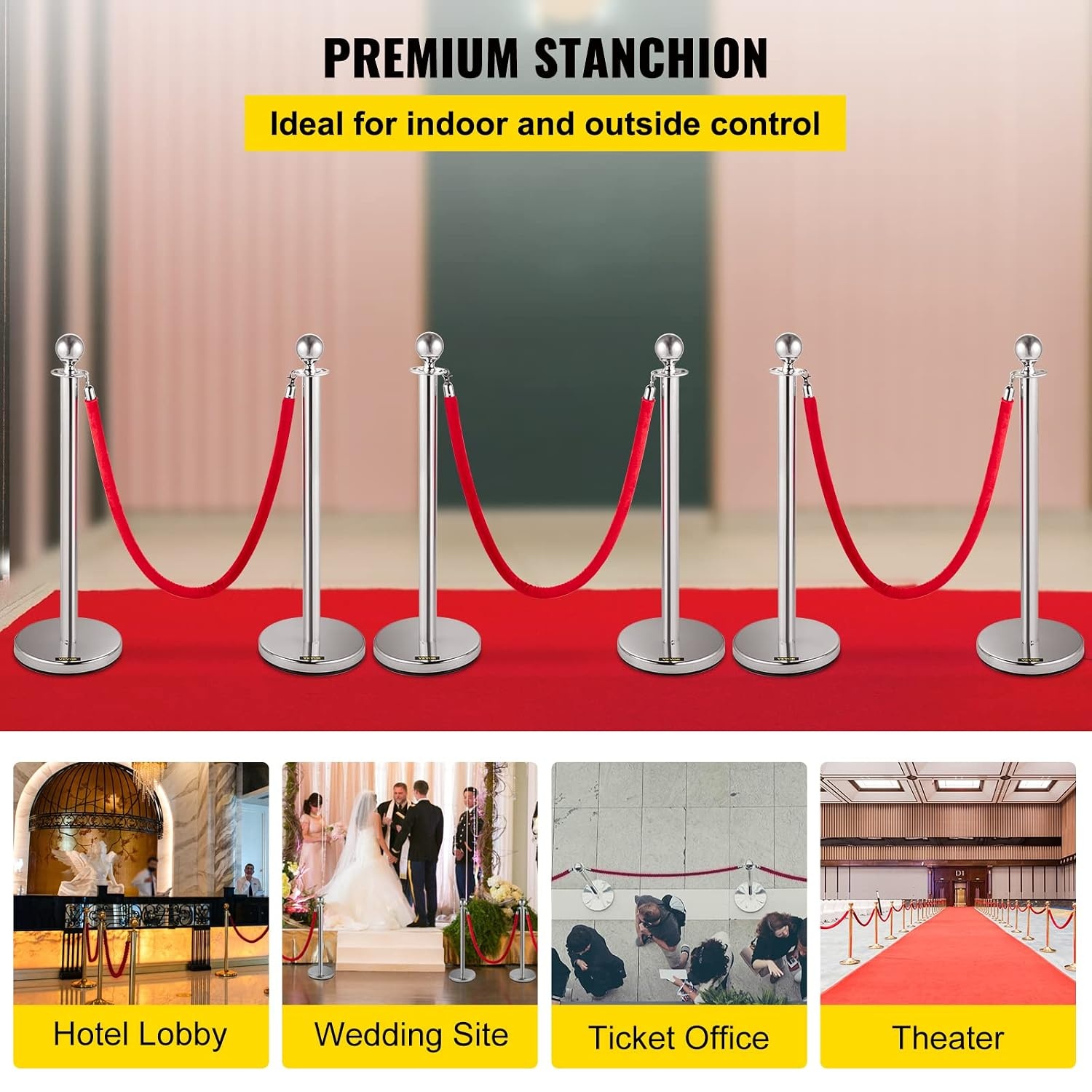 image:imageVEVOR Stanchions and Velvet Ropes 8Pcs Hollow Base with Stainless Steel Post amp 3281ft Carpet 6 Red Velvet Ropes Crowd Control Barriers Gold Stanchions Red Carpet Runner Poles for Party SuppliesSilver