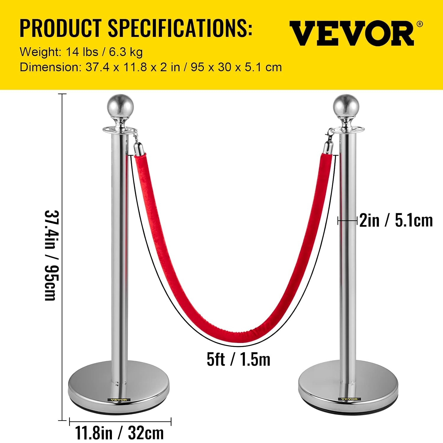 image:imageVEVOR Stanchions and Velvet Ropes 8Pcs Hollow Base with Stainless Steel Post amp 3281ft Carpet 6 Red Velvet Ropes Crowd Control Barriers Gold Stanchions Red Carpet Runner Poles for Party SuppliesSilver