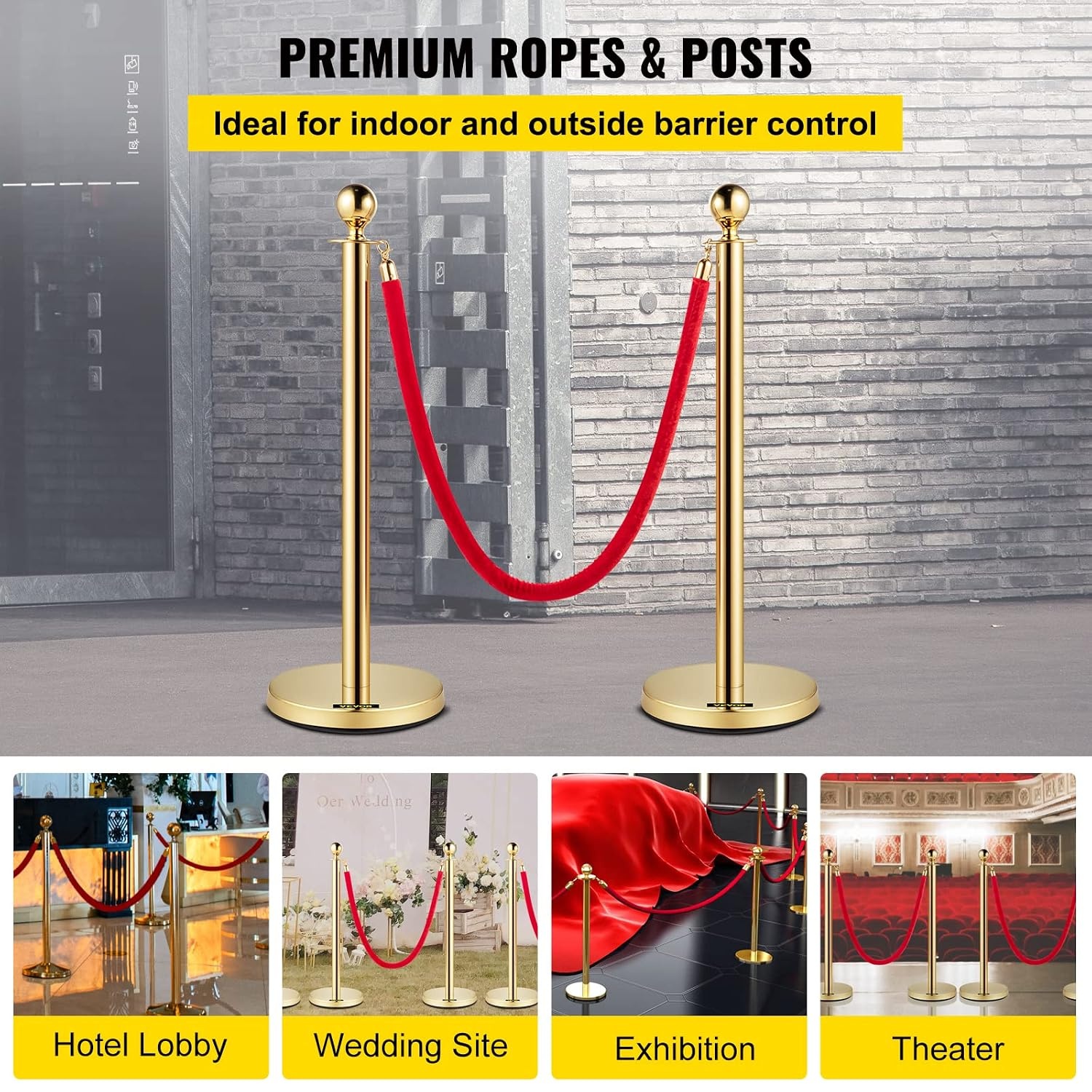 image:imageVEVOR Stanchions and Velvet Ropes Solid Base with Stainless Steel Post 5ft Red Velvet Ropes and Posts Silver Concrete Metal Bottom 2Pcs 1RopeGoldRed