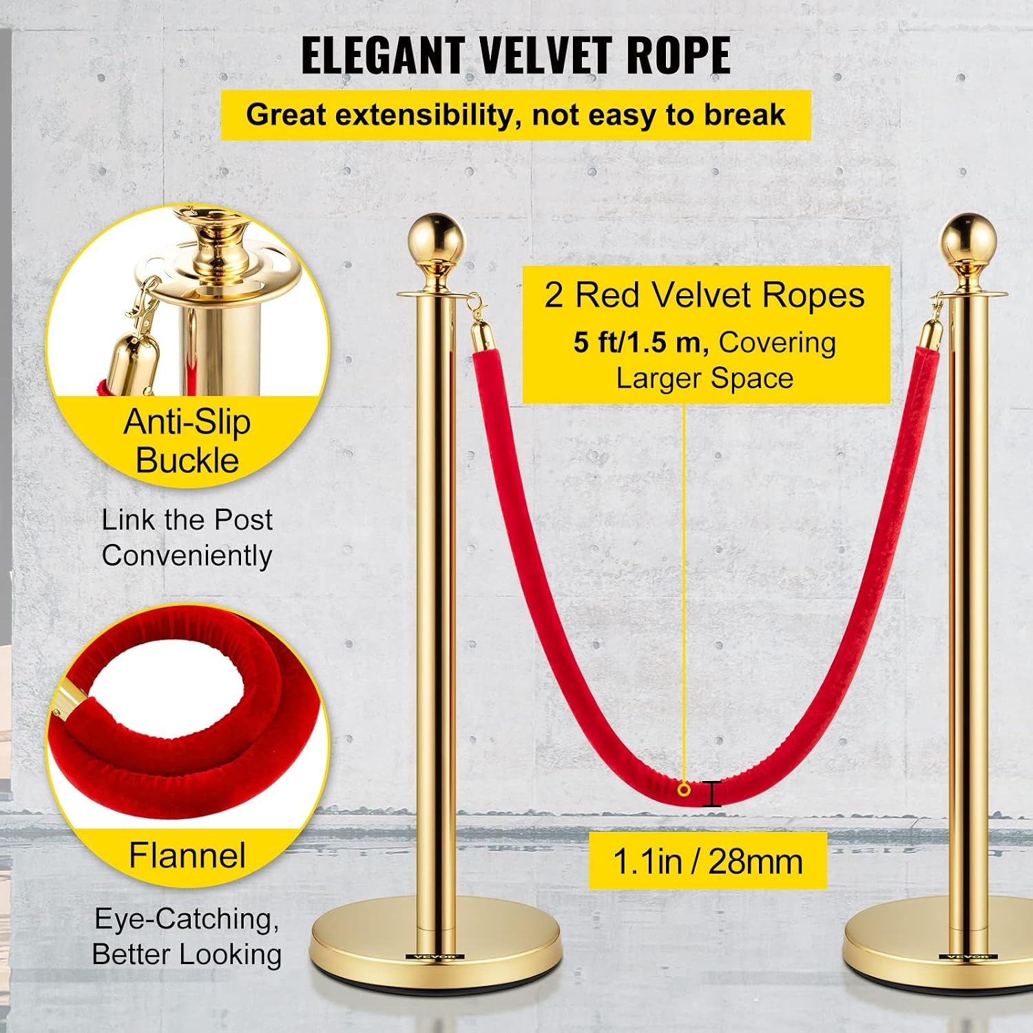 image:imageVEVOR Stanchions and Velvet Ropes Solid Base with Stainless Steel Post 5ft Red Velvet Ropes and Posts Silver Concrete Metal Bottom 2Pcs 1RopeGoldRed