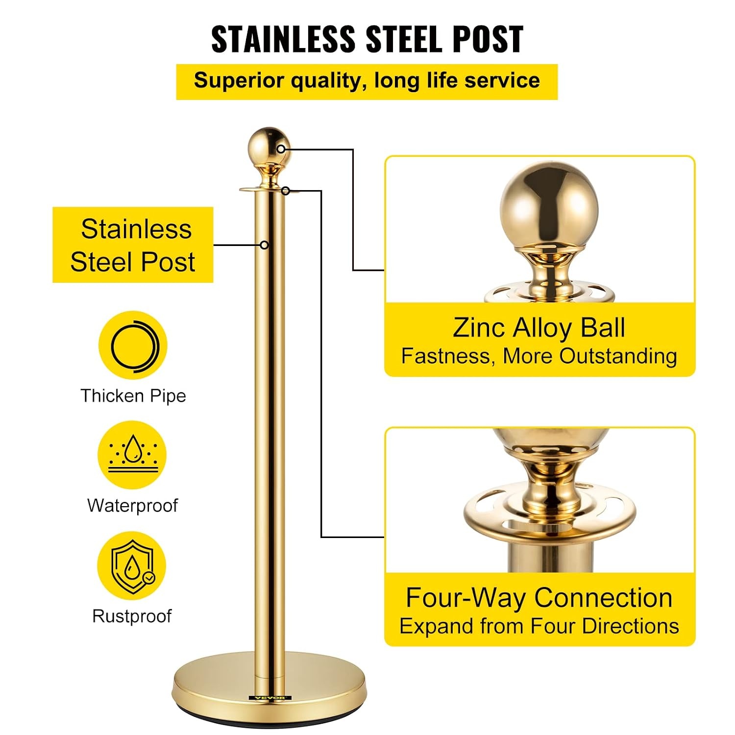 image:imageVEVOR Stanchions and Velvet Ropes Solid Base with Stainless Steel Post 5ft Red Velvet Ropes and Posts Silver Concrete Metal Bottom 2Pcs 1RopeGoldRed