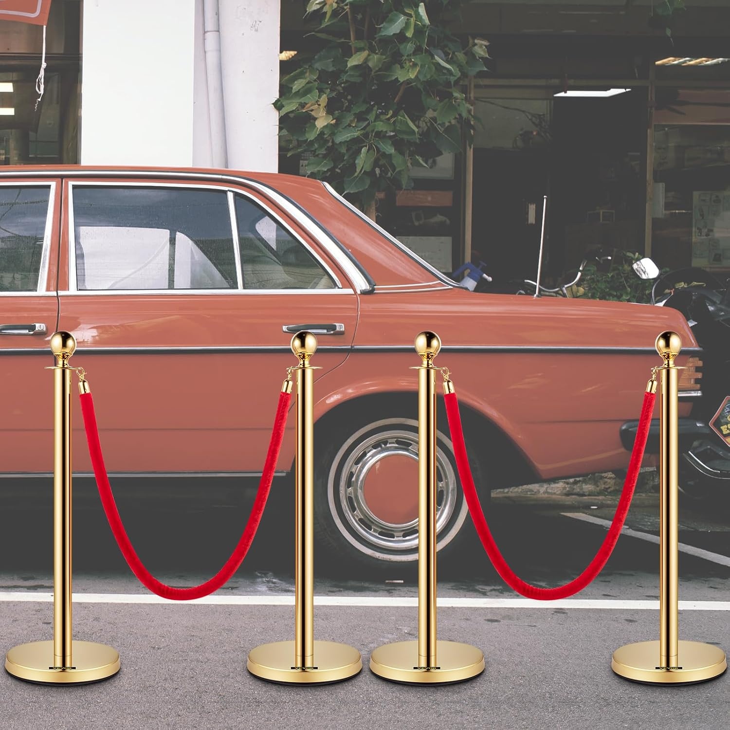 image:imageVEVOR Stanchions and Velvet Ropes Solid Base with Stainless Steel Post 5ft Red Velvet Ropes and Posts Silver Concrete Metal Bottom 2Pcs 1RopeGoldRed
