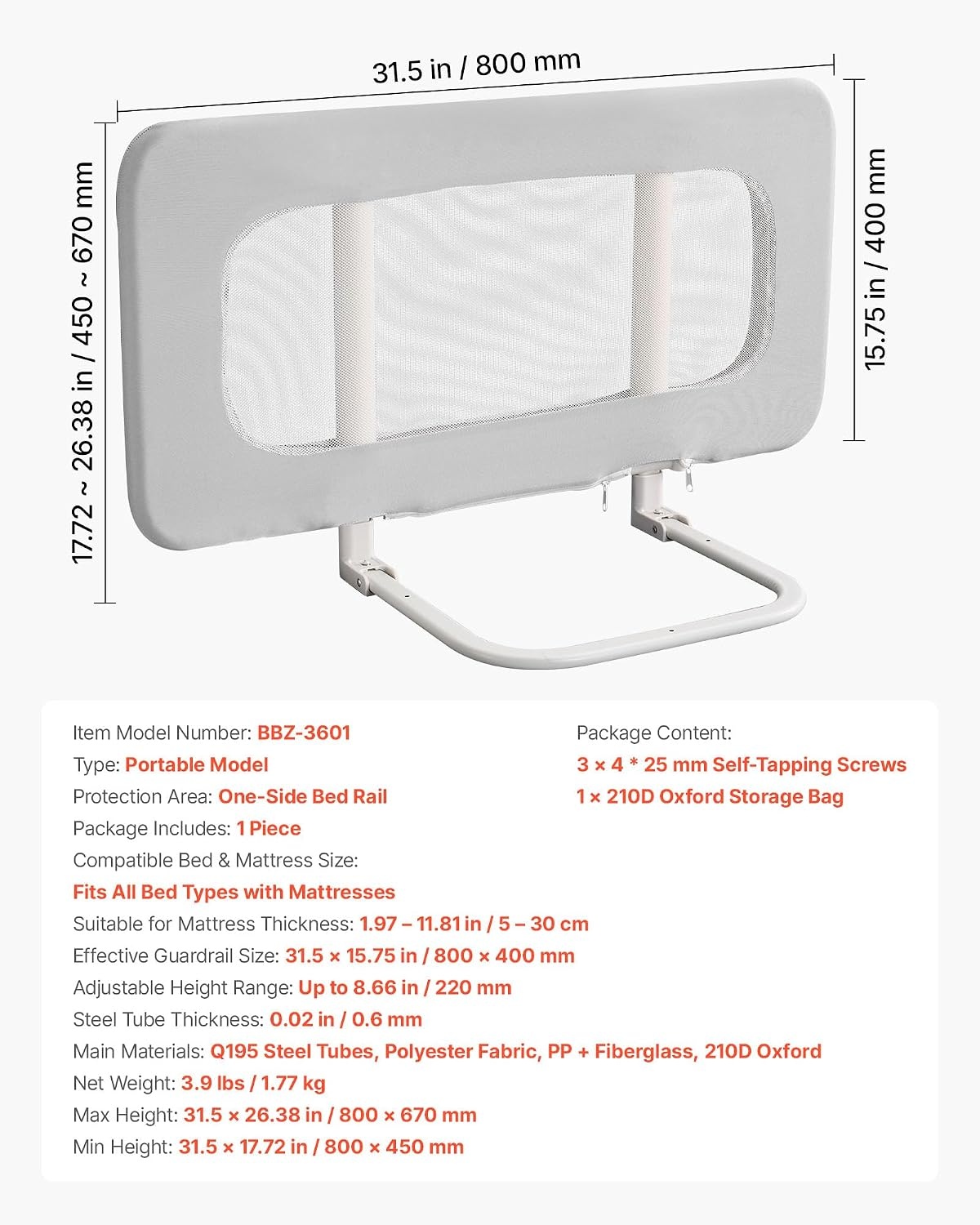 image:imageVEVOR Toddler Bed Rail Kids Beds Guard Rail with Reinforced Iron Pipe and Oxford Cloth Adjustable Height Bed Side Railing Portable Guard Bumper Barrier for Crib Bunk 315 x 2638 in 1 Piece