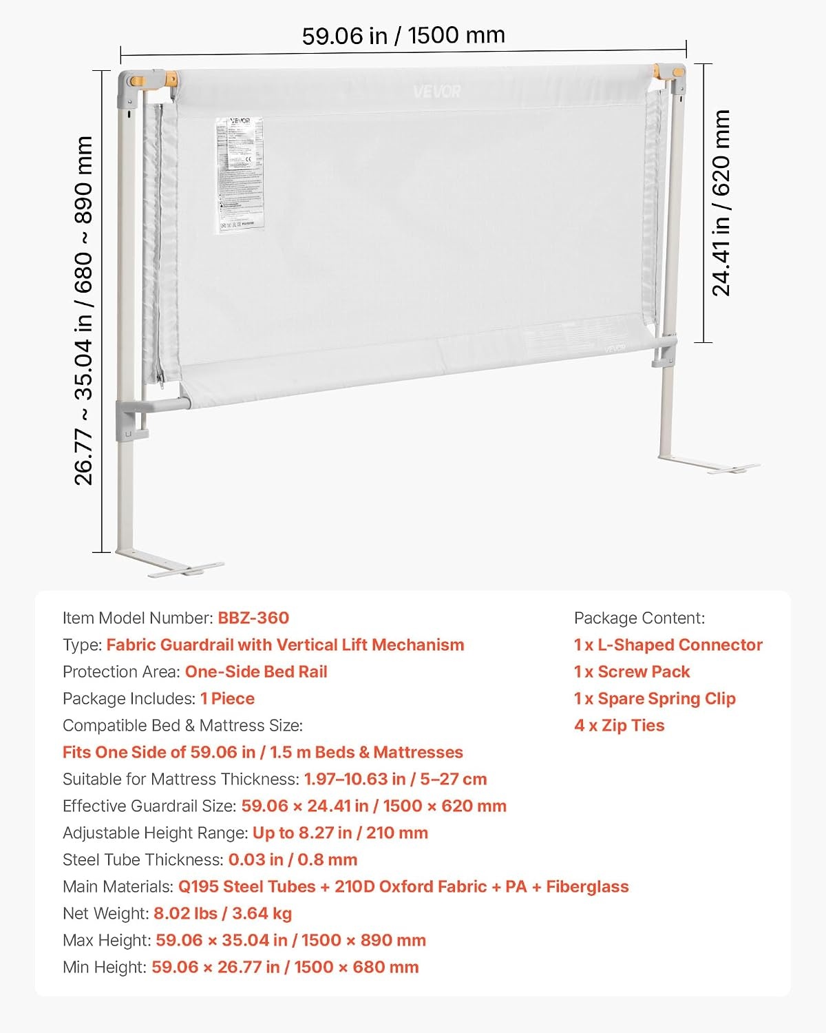 image:imageVEVOR Toddler Bed Rail Kids Beds Guard Rail with Reinforced Iron Pipe and Oxford Cloth Adjustable Height Bed Side Railing Portable Guard Bumper Barrier for Crib Bunk 5906 x 3504 in 1 Piece5906 x 3504 in