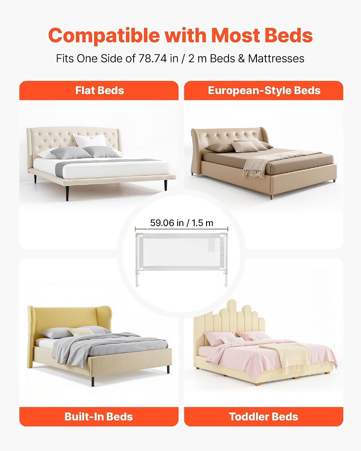 image:imageVEVOR Toddler Bed Rail Kids Beds Guard Rail with Reinforced Iron Pipe and Oxford Cloth Adjustable Height Bed Side Railing Portable Guard Bumper Barrier for Crib Bunk 5906 x 3504 in 1 Piece5906 x 3504 in