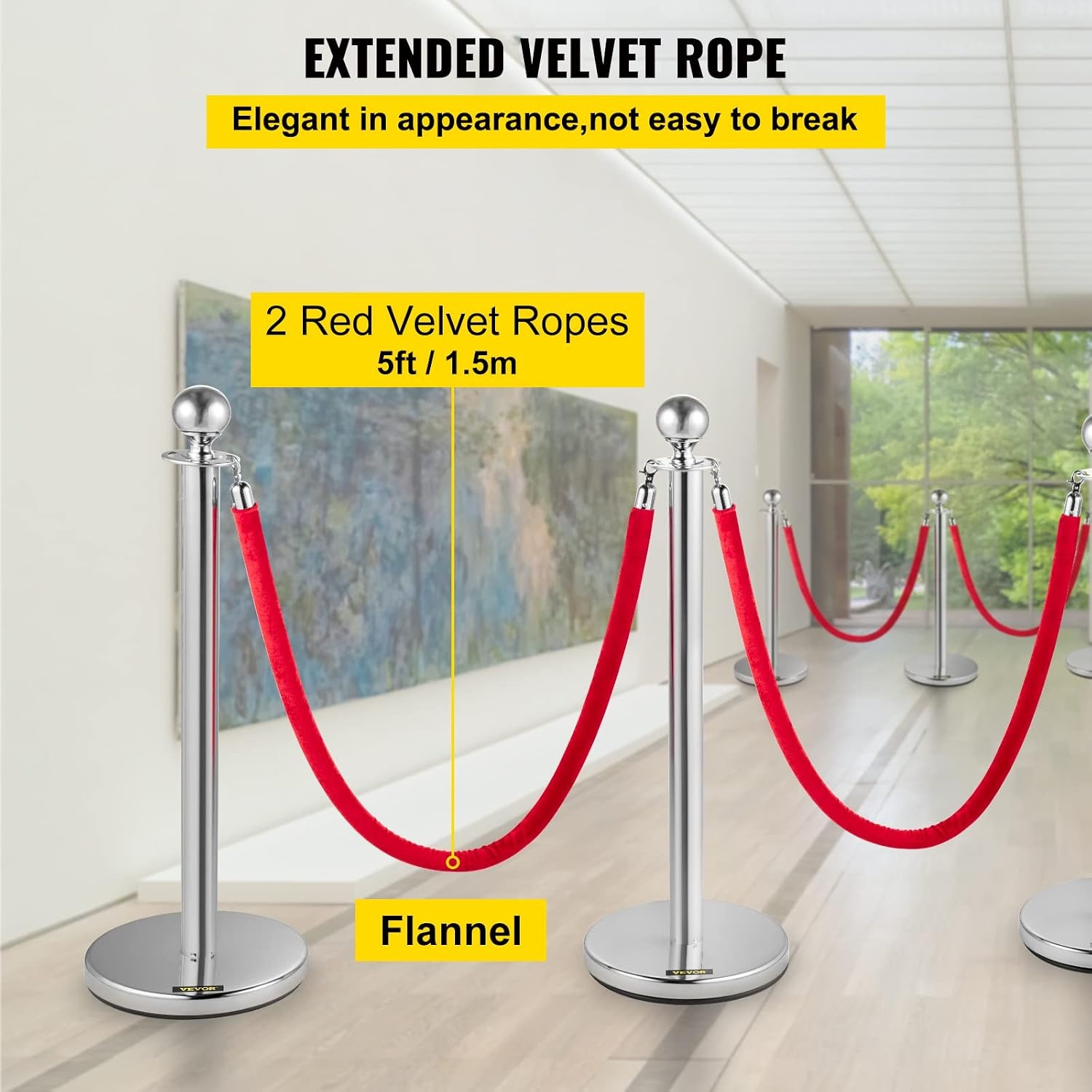 image:imageVEVOR Velvet Ropes and Posts 4 Pcs 5 ft Red Velvet Rope Stanchion Post with Ball Top Crowd Control Barriers Silver Stanchions Red Carpet Poles Crowd Control Ropes and Poles for Party Suppliessilver