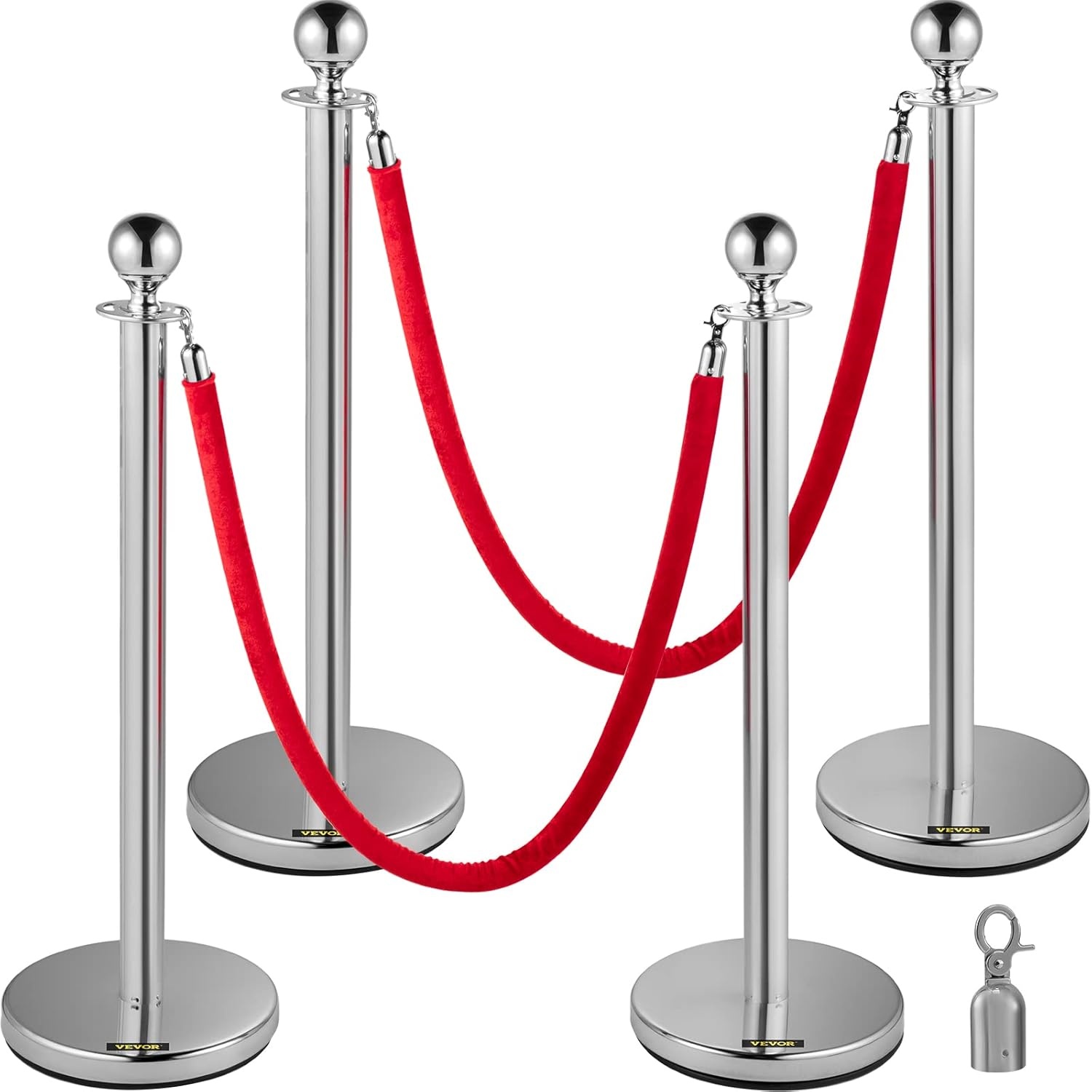 image:imageVEVOR Velvet Ropes and Posts 4 Pcs 5 ft Red Velvet Rope Stanchion Post with Ball Top Crowd Control Barriers Silver Stanchions Red Carpet Poles Crowd Control Ropes and Poles for Party Suppliessilver