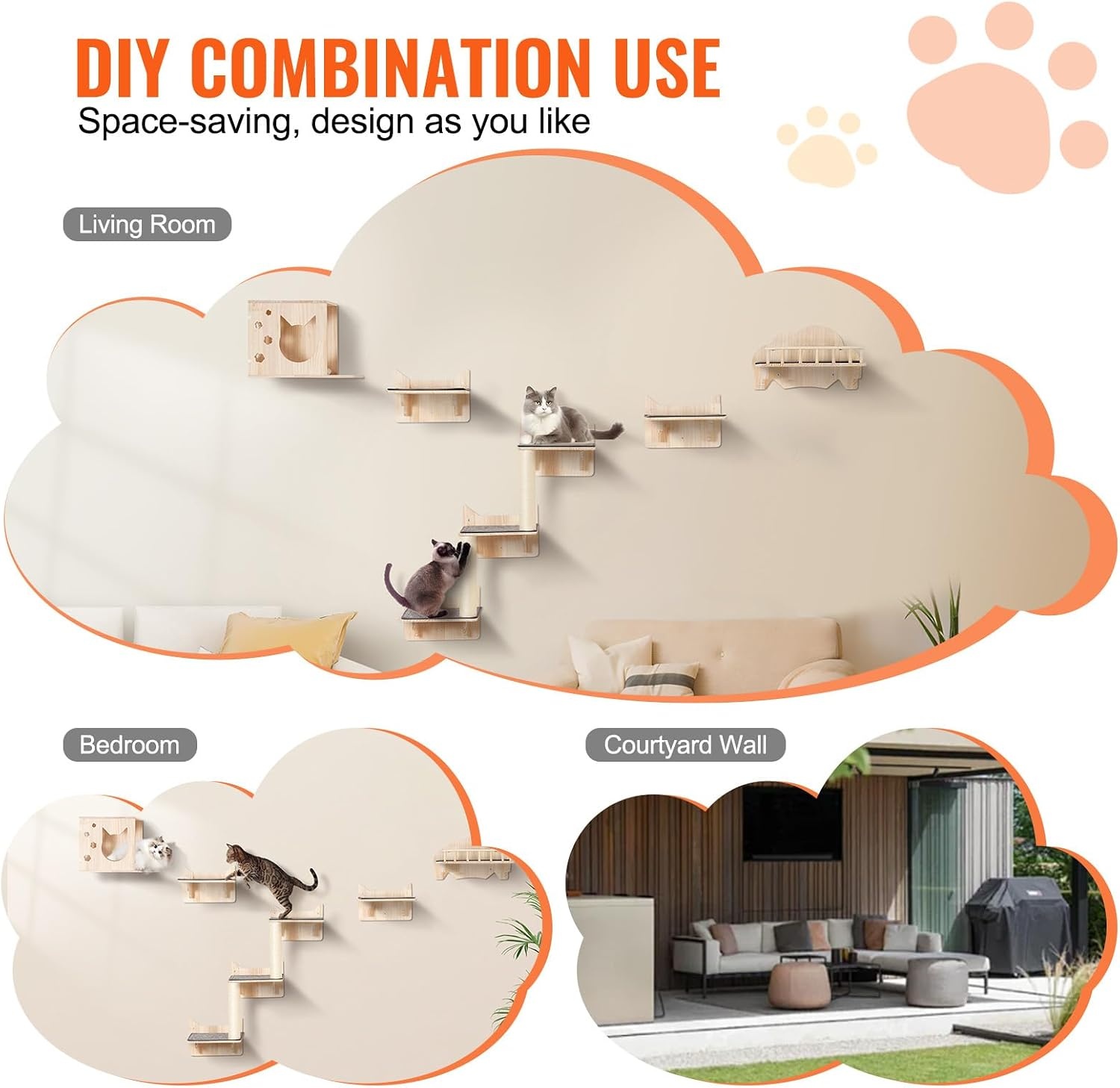 image:imageVEVOR Wall Mounted Cat Shelves Cat Wall Shelves and Perches with Jumping Boards Cat Beds Hammocks amp Cat Tree Cat Furniture and Shelves up to 40 lbs for Sleeping Playing Climbing Set of 9Free