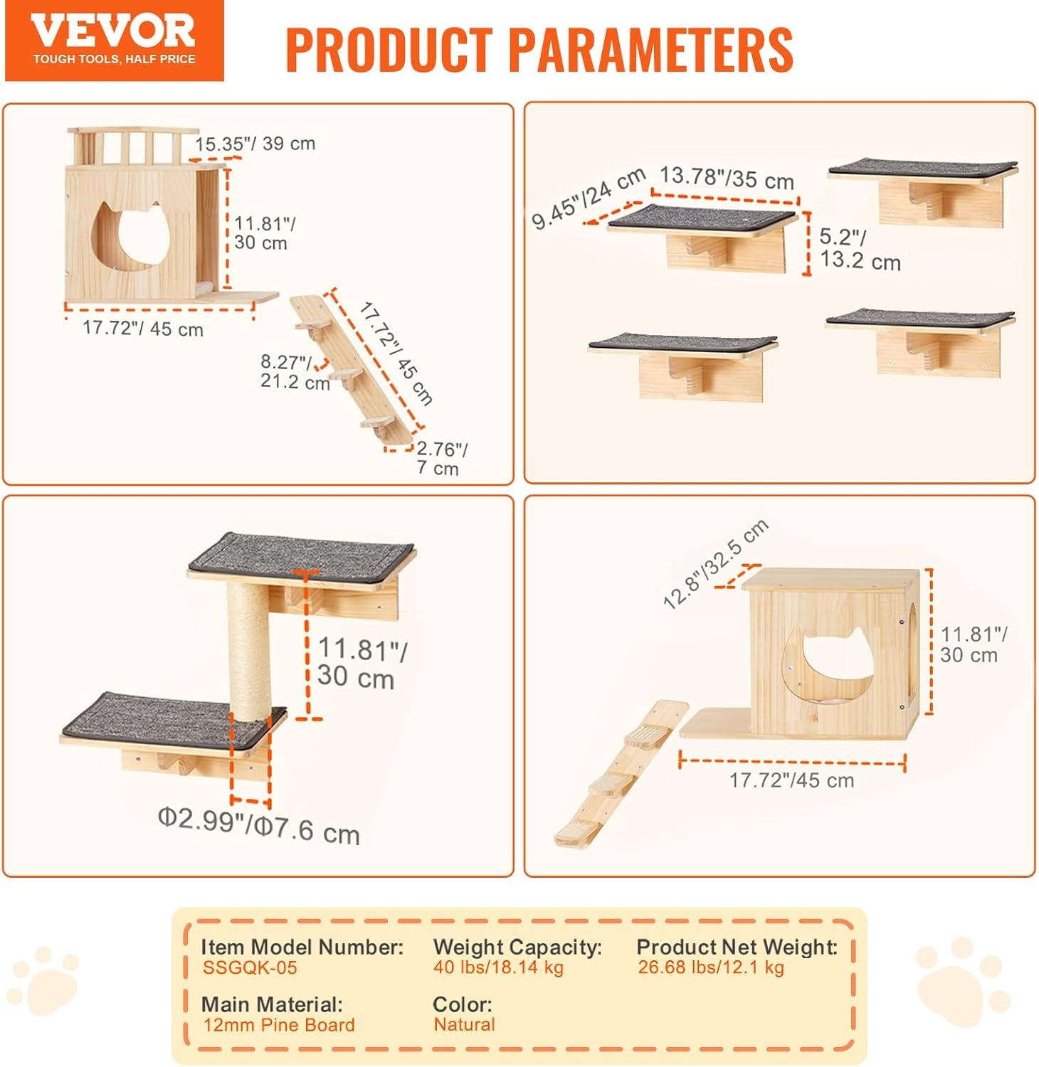 image:imageVEVOR Wall Mounted Cat Shelves Cat Wall Shelves and Perches with Jumping Boards Cat Beds Hammocks amp Cat Tree Cat Furniture and Shelves up to 40 lbs for Sleeping Playing Climbing Set of 9Free