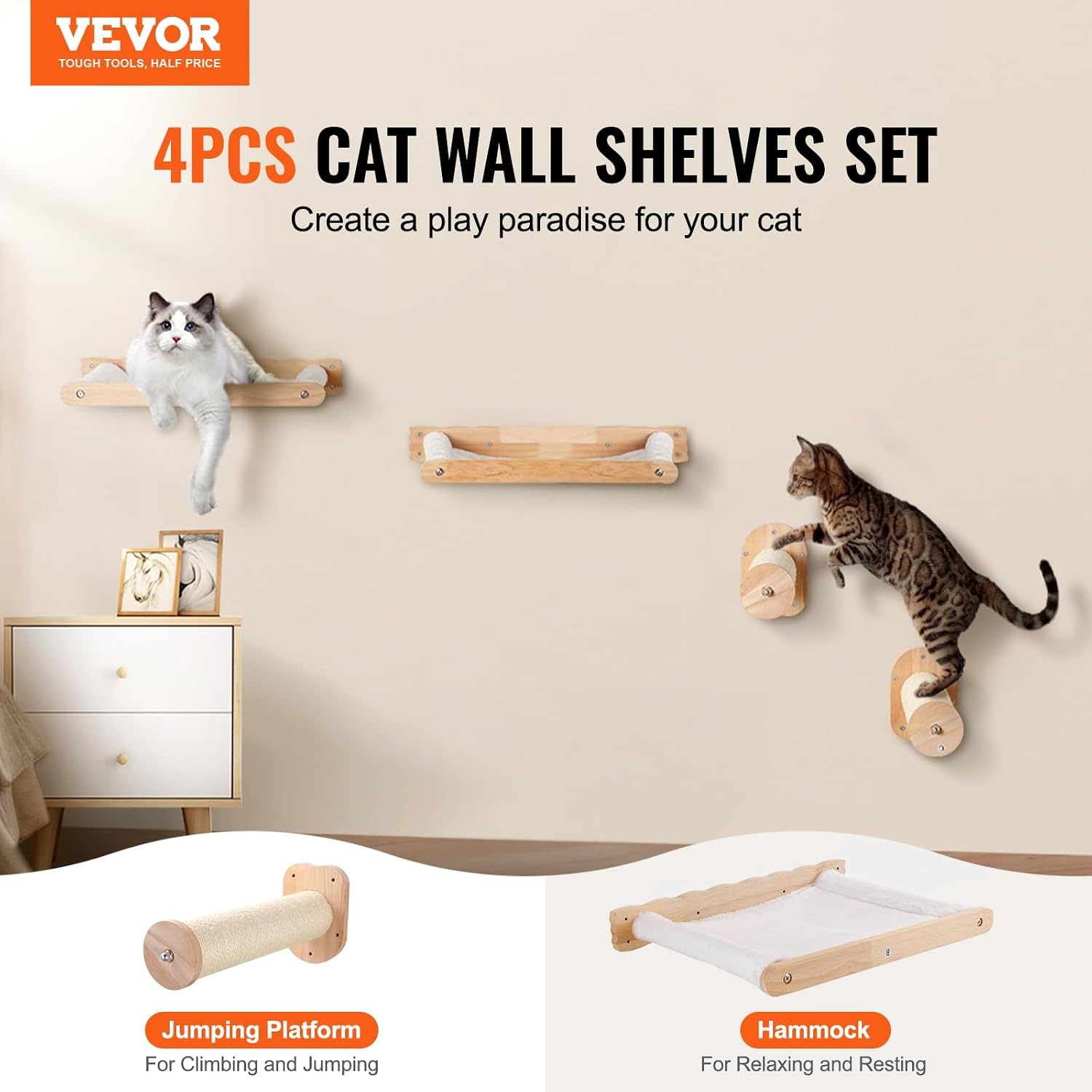 image:imageVEVOR Wall Mounted Cat Shelves Cat Wall Shelves and Perches with Jumping Boards Cat Beds Hammocks amp Cat Tree Cat Furniture and Shelves up to 40 lbs for Sleeping Playing Climbing Set of 9Free