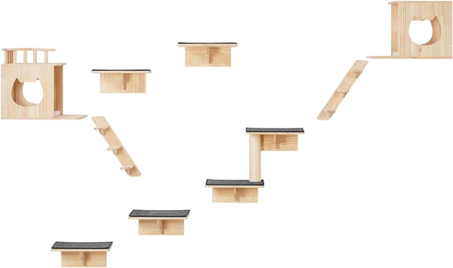 image:imageVEVOR Wall Mounted Cat Shelves Cat Wall Shelves and Perches with Jumping Boards Cat Beds Hammocks amp Cat Tree Cat Furniture and Shelves up to 40 lbs for Sleeping Playing Climbing Set of 9Free