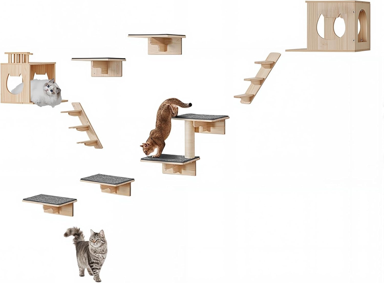 image:imageVEVOR Wall Mounted Cat Shelves Cat Wall Shelves and Perches with Jumping Boards Cat Beds Hammocks amp Cat Tree Cat Furniture and Shelves up to 40 lbs for Sleeping Playing Climbing Set of 9Free