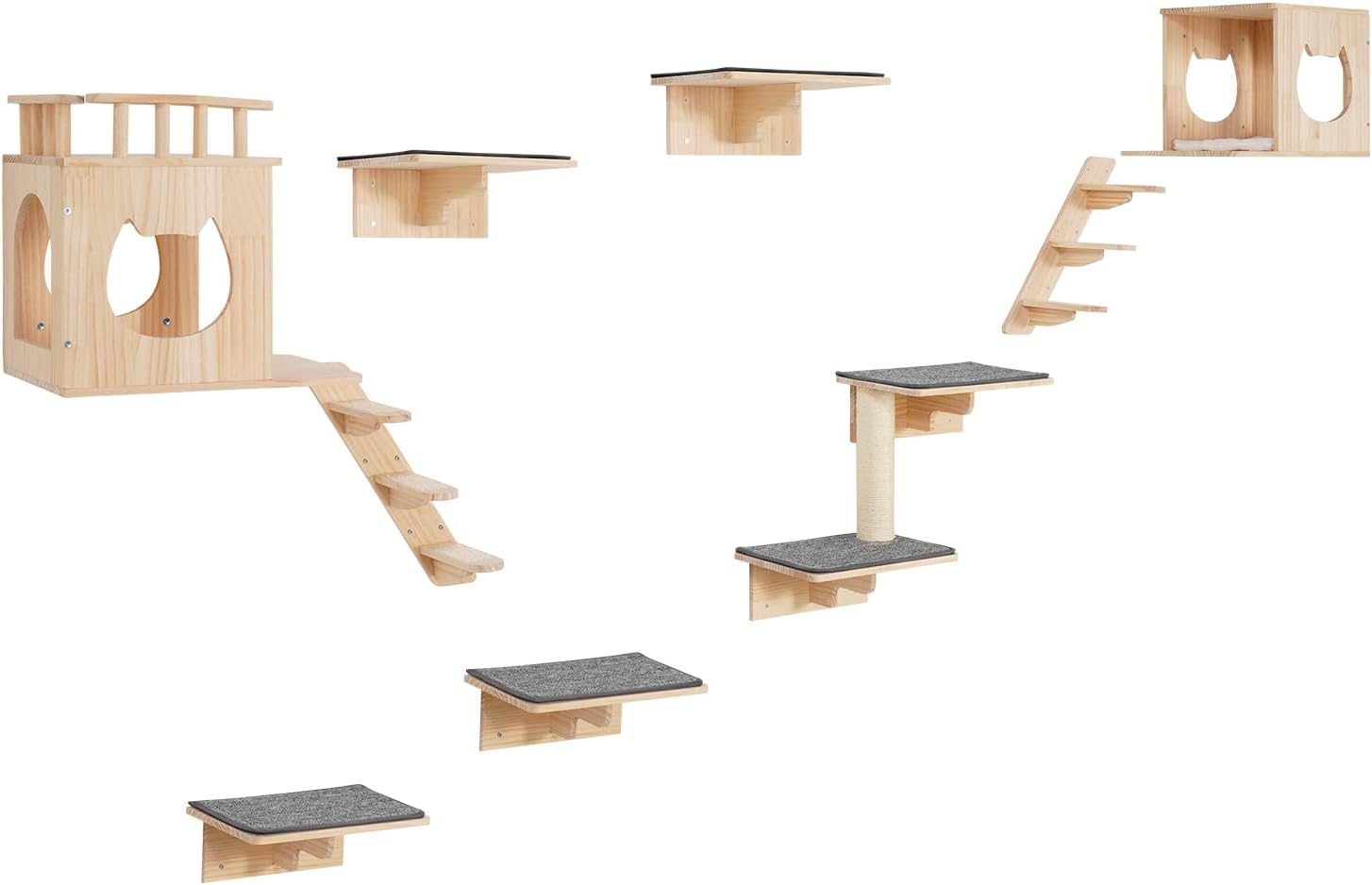 image:imageVEVOR Wall Mounted Cat Shelves Cat Wall Shelves and Perches with Jumping Boards Cat Beds Hammocks amp Cat Tree Cat Furniture and Shelves up to 40 lbs for Sleeping Playing Climbing Set of 9Free
